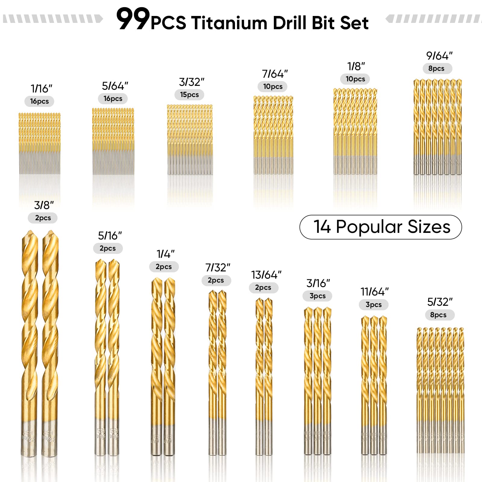 99PCS Titanium Coated Drill Bit Set, 135 Degree Tip HSS Bits Kit, Size from 1/16" to 3/8"