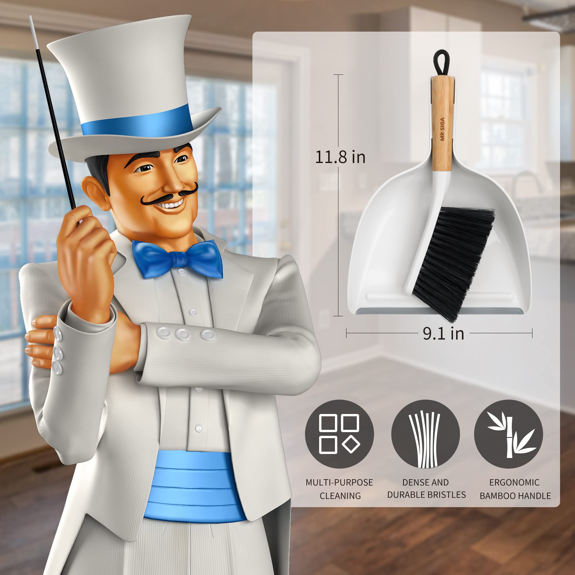 MR.SIGA Mini Dustpan and Brush Set with Bamboo Handle, 1 Set