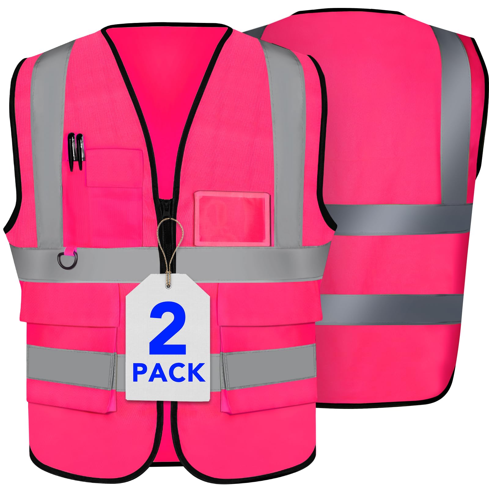 [2 Packs] Hi Vis Reflective Safety Vest with Pockets, Medium to XX Large