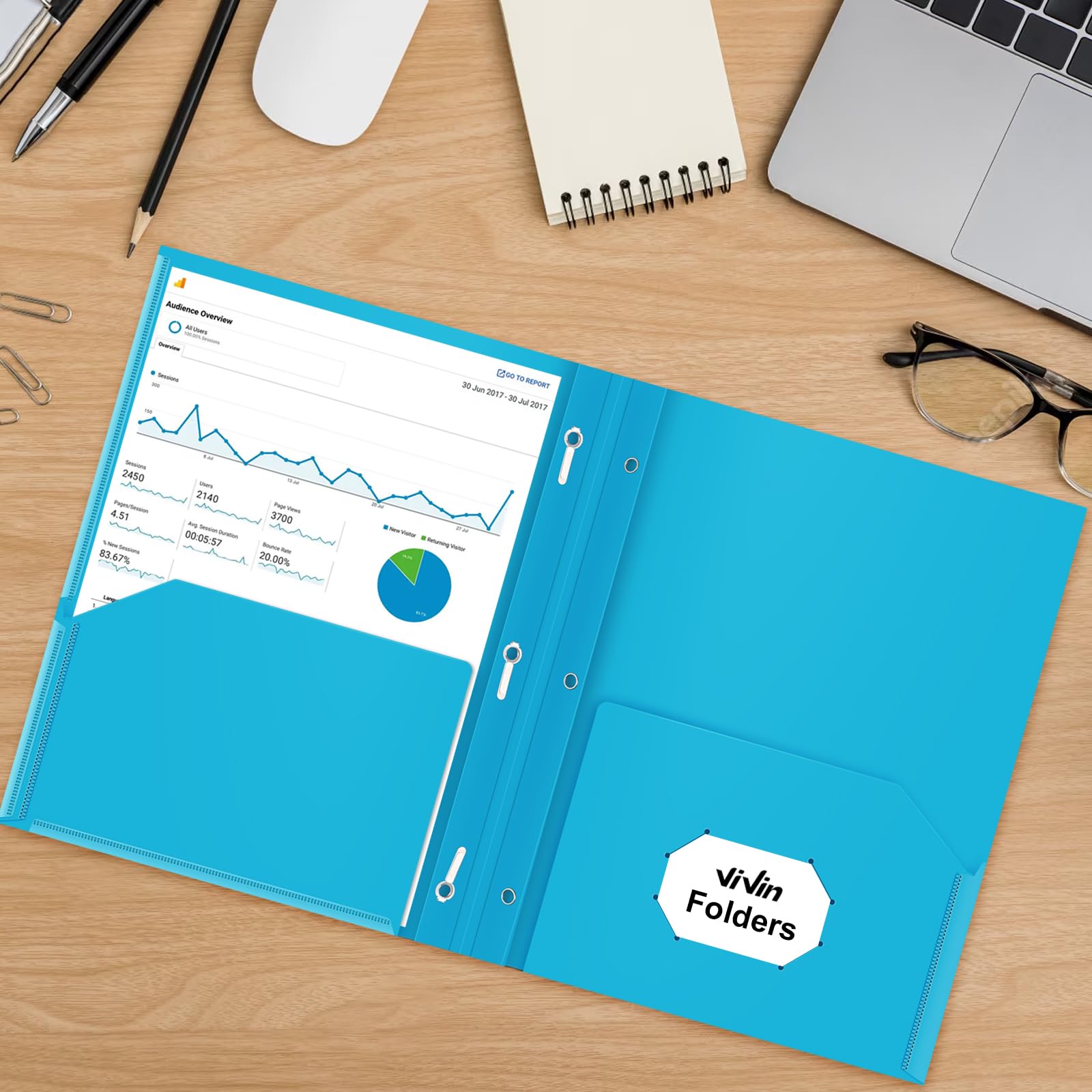 [6 & 60 Pack] ViVin Heavy Duty Folders with Clear Front Pocket, Plastic Folder with fastener