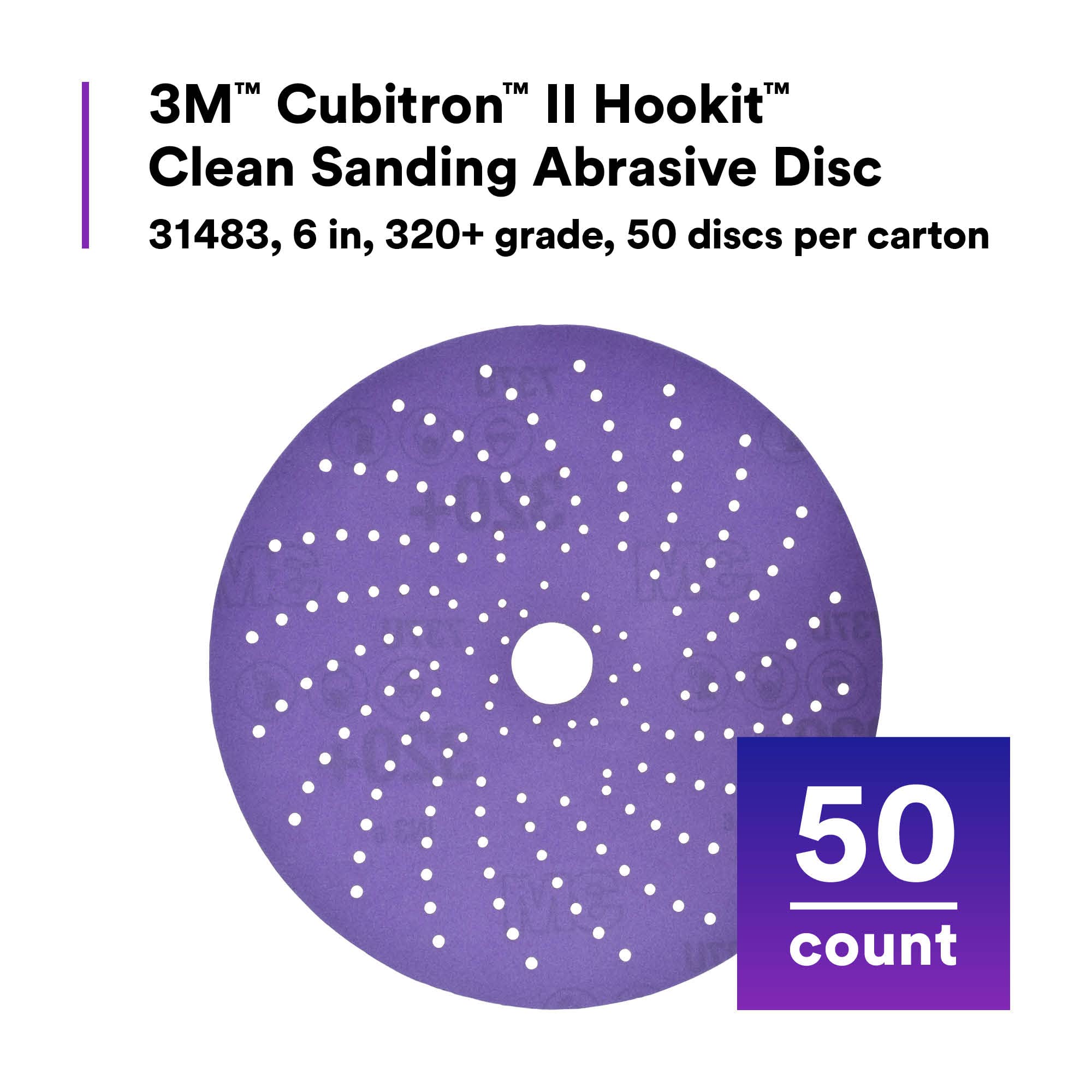 3M Cubitron II Hookit Clean Sanding Abrasive Disc 31483, 6 in, 320+ Grade, Pack of 50 Discs