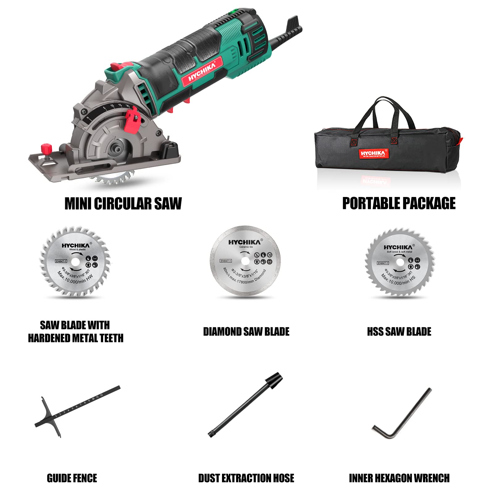 Mini Circular Saw, HYCHIKA Compact Circular Saw Tile Saw with 3 Saw Blades