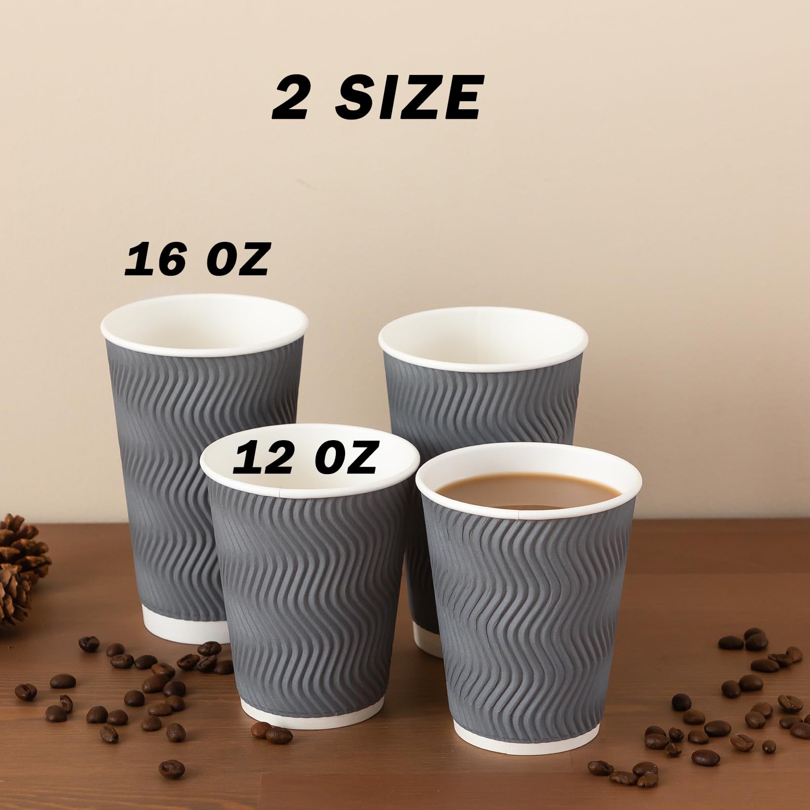 [120 PCS] Disposable Corrugated Insulated Ripple Wall Paper Cups, 12 & 16 oz