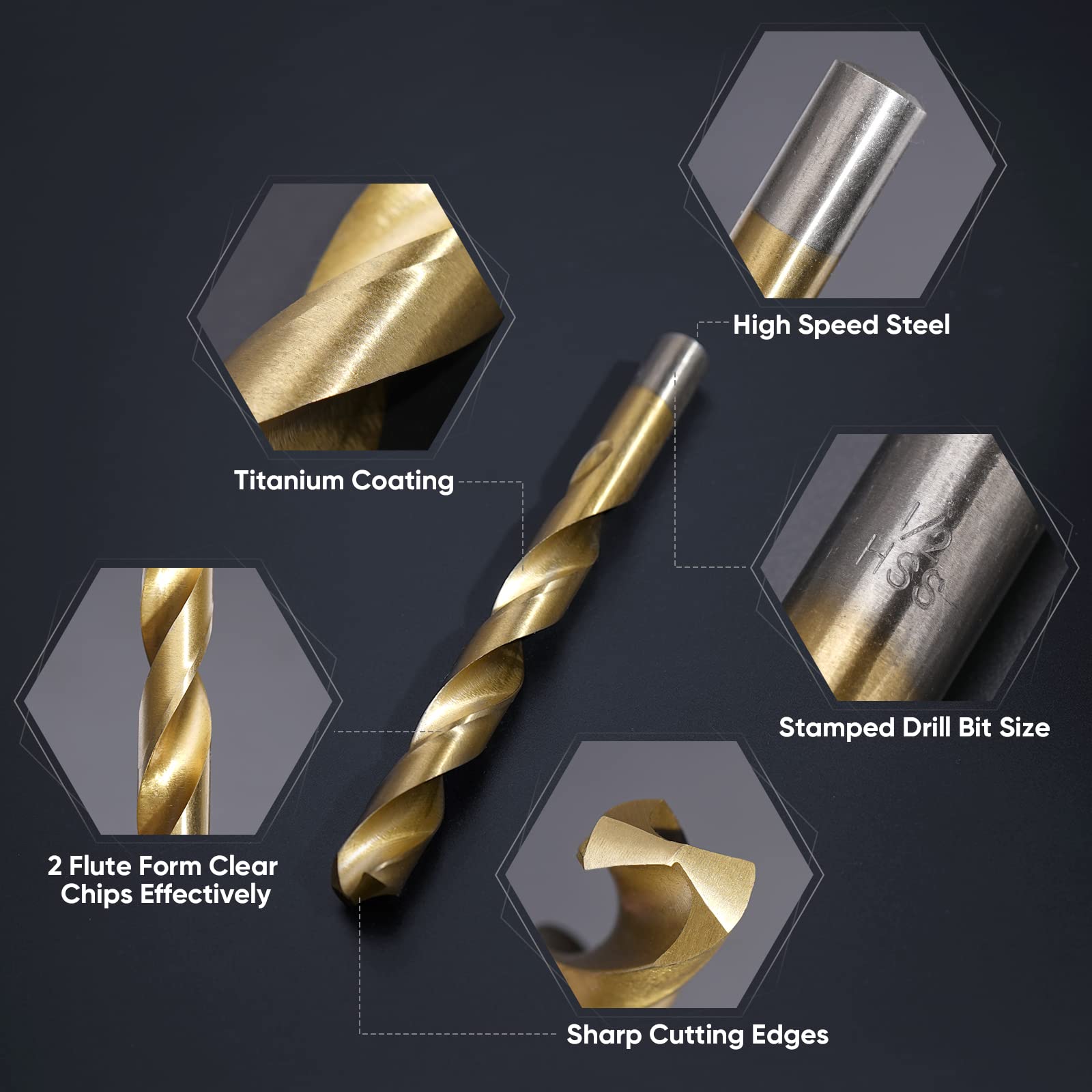 99PCS Titanium Coated Drill Bit Set, 135 Degree Tip HSS Bits Kit, Size from 1/16" to 3/8"