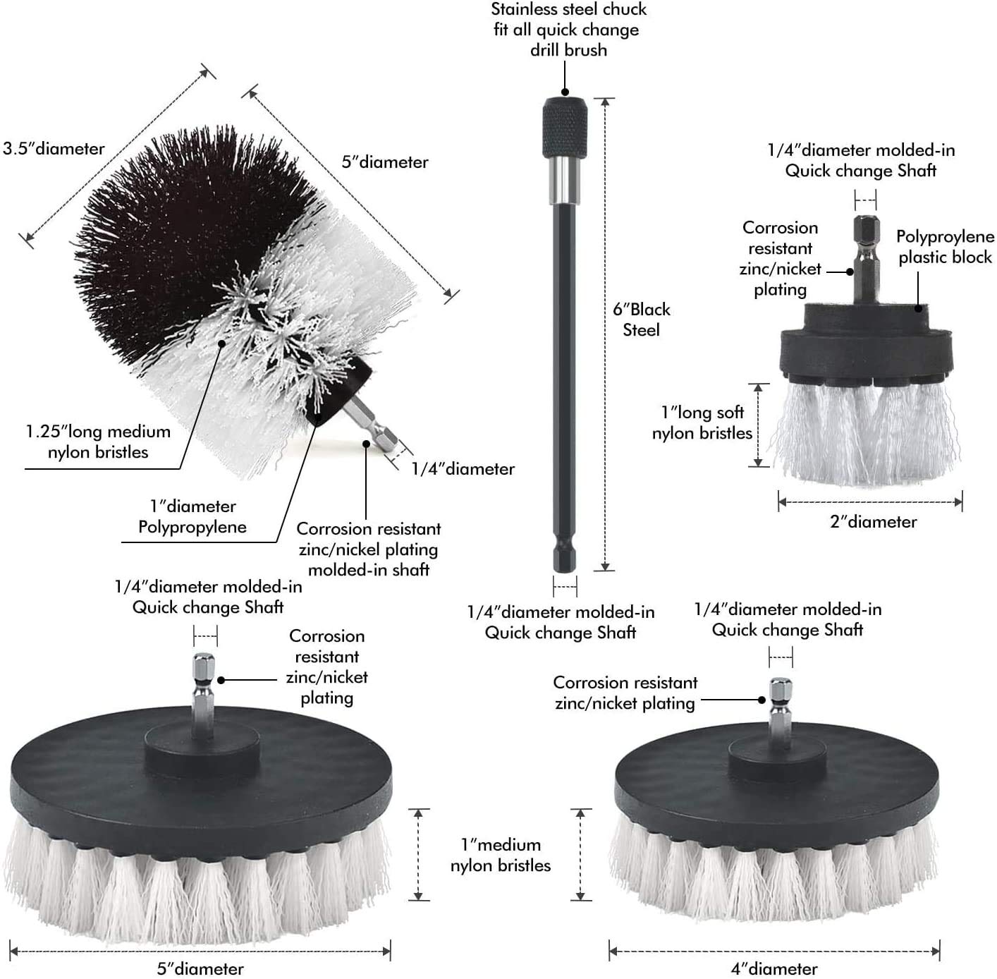 4-Piece Cleaning Brush Set - 2-In, 3.5-In, 4-In, 5-Ih Round Flat Brushes and 6-In Extended Reach Attachment for Drill