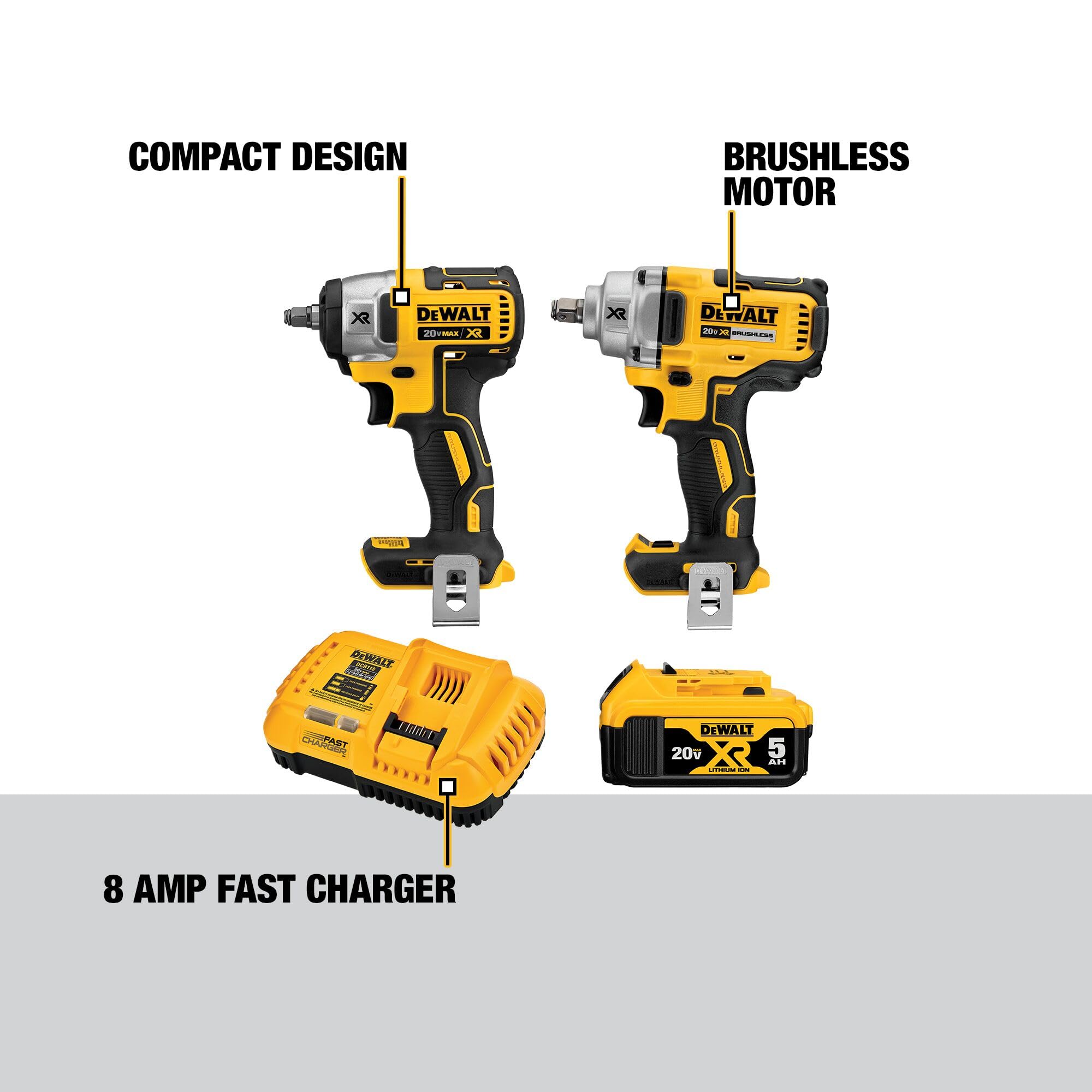 DEWALT 20V MAX Impact Wrench, Cordless 2-Tool Combo Kit, 1/2-Inch Mid-Range and 3/8-inch Compact with 5ah Battery and Charger (DCK205P1)