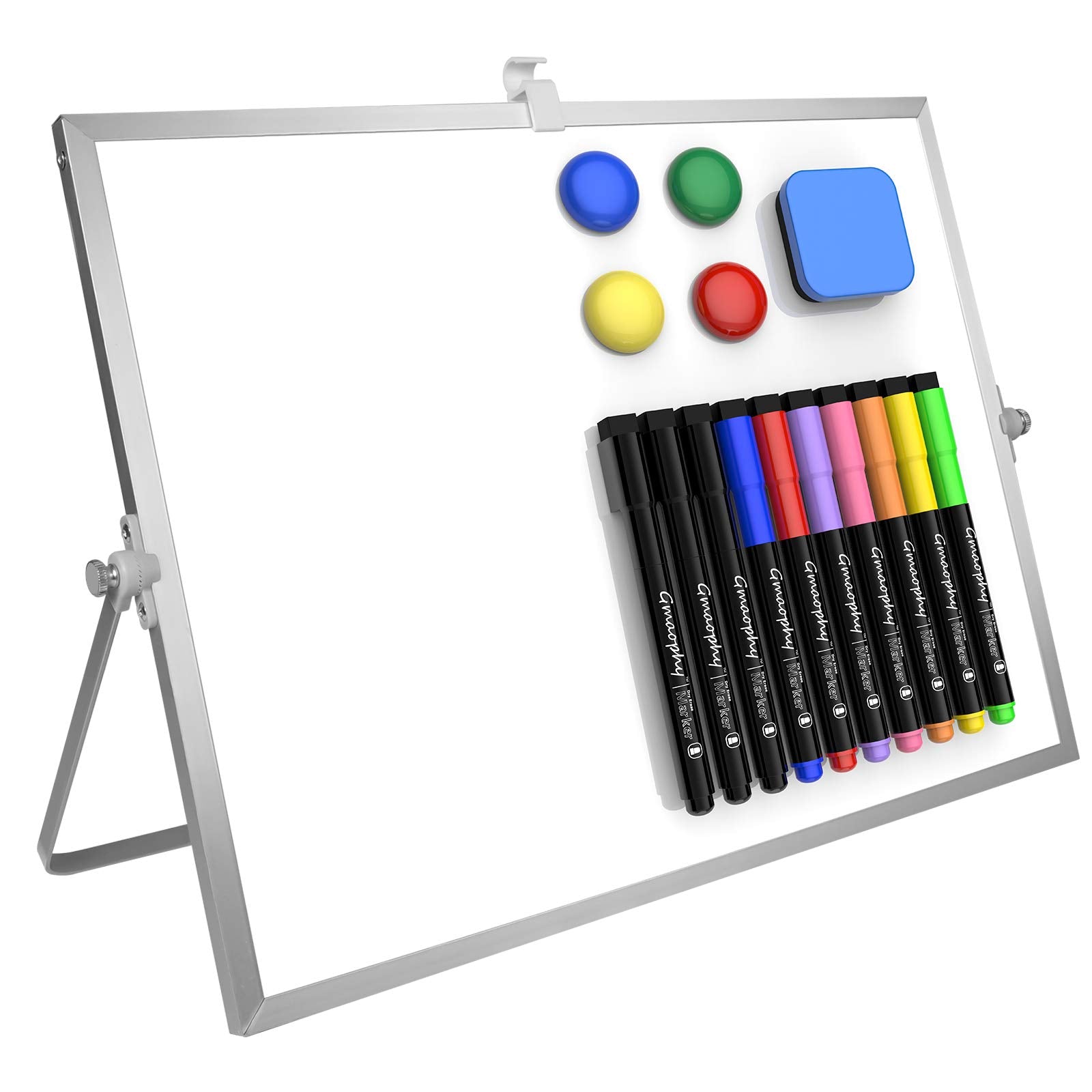 [1 Set] Dry Erase White Board with Stand, 10 Markers, 4 Magnets, 1 Eraser