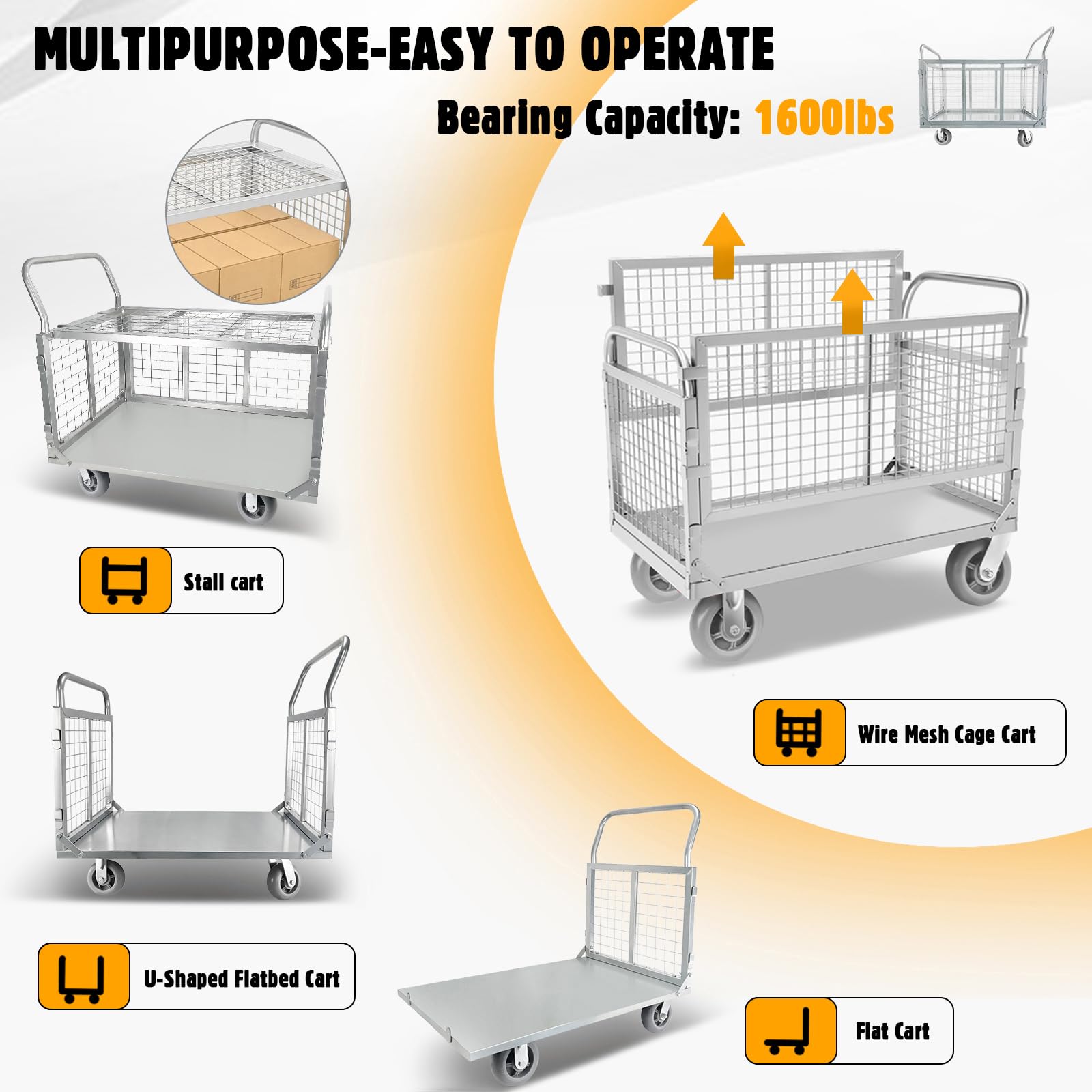Platform Truck Cart with Cage 4-in-1 Push Cart Dolly Load 1800LBS W/Swivel Casters (39" x24")