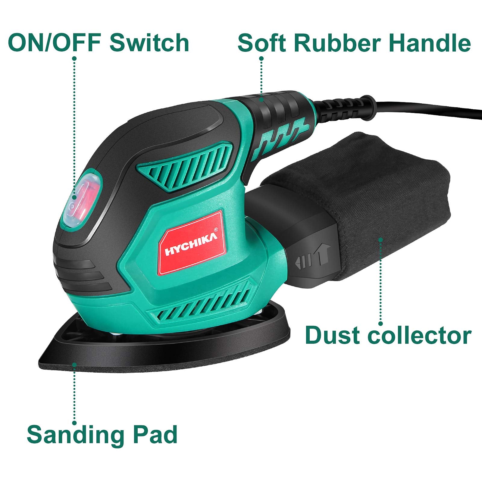 HYCHIKA Detail Sander, 14,000 OPM Compact Electric Sander Tool with 12 Pcs Sandpapers