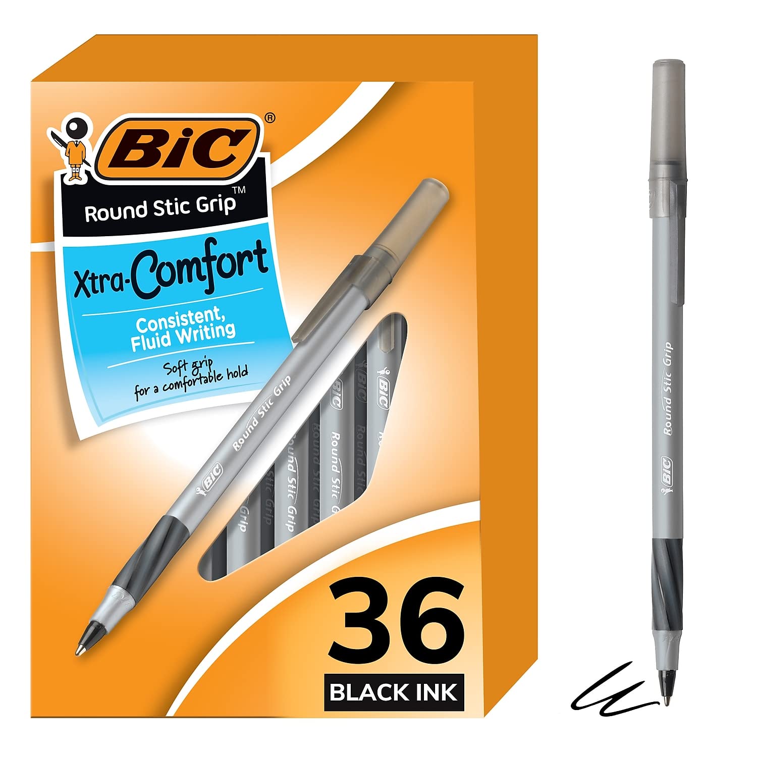 [36 Count Pack] BIC Round Stic Grip Xtra Comfort Black Ballpoint Pens
