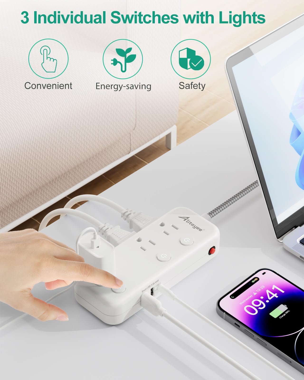 5, 15FT Surge Protector Power Strip with Individual Switches