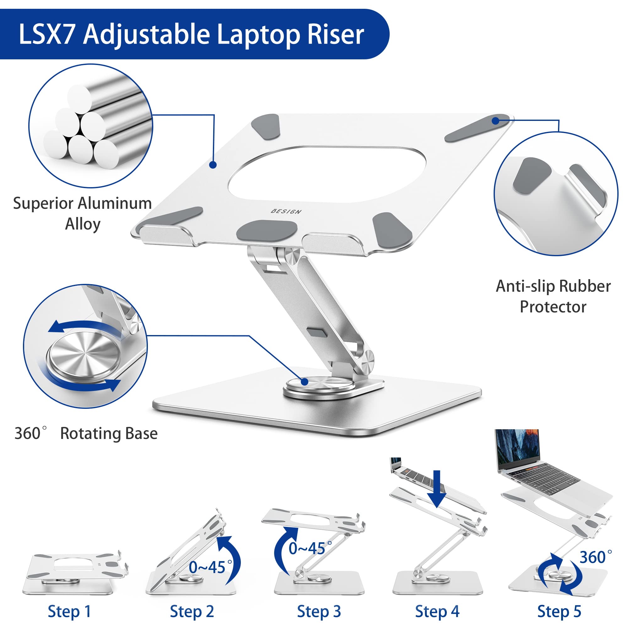 [1 PC] Ergonomic Adjustable Laptop Stand with 360° Rotating Base