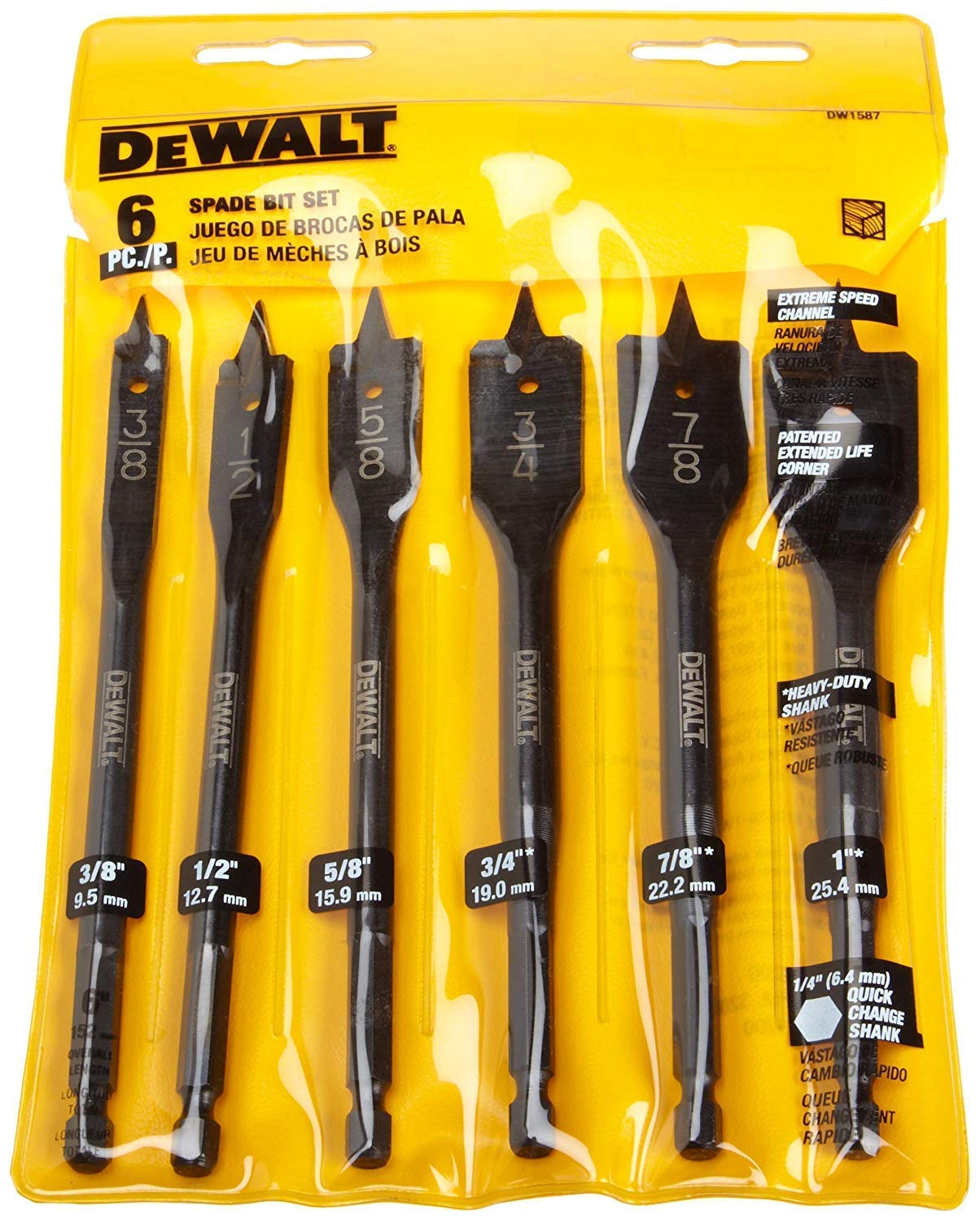 DW1587 6 Bit 3/8-Inch to 1-Inch Spade Drill Bit Assortment (Premium pack)