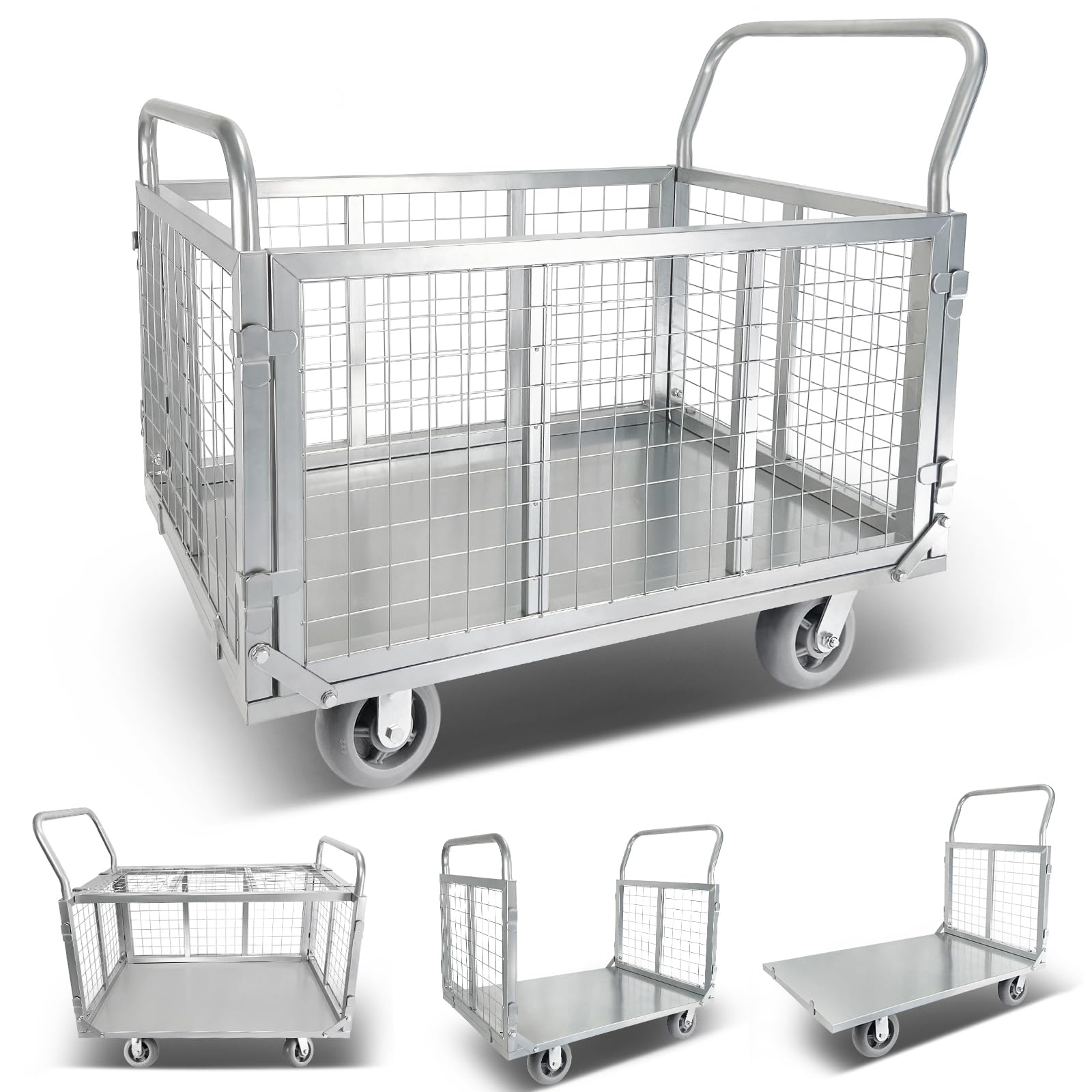 Platform Truck Cart with Cage 4-in-1 Push Cart Dolly Load 1800LBS W/Swivel Casters (39" x24")