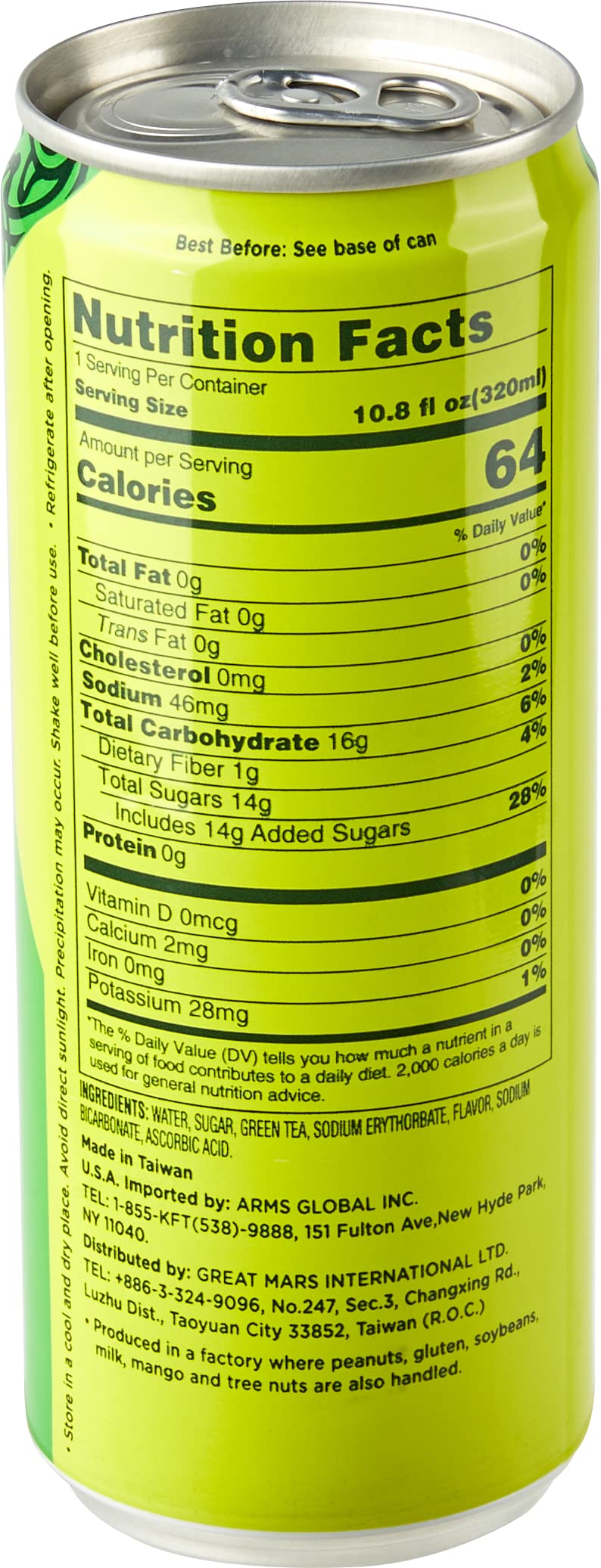 [6 Cans] Canned Green Tea, All Natural, Premium Iced Tea, 10.8 oz