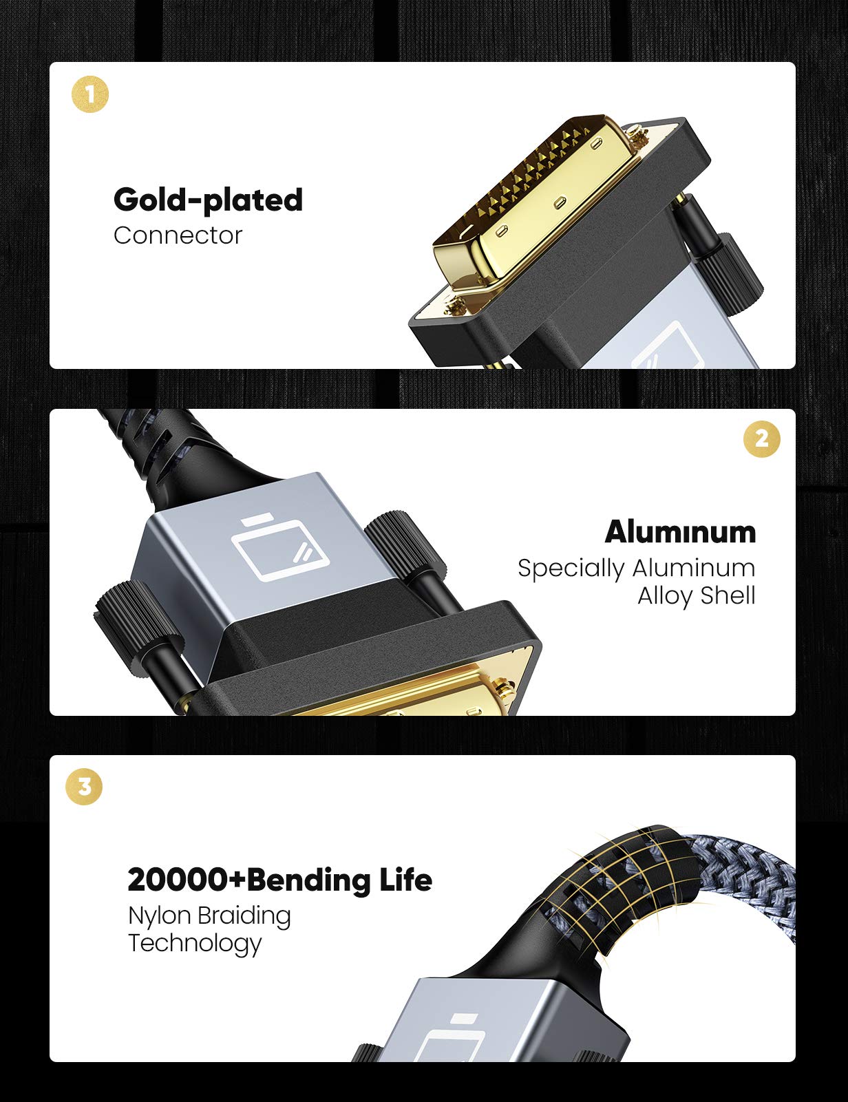 [3 / 6 / 10 / 15 FT] HDMI A to DVI Adapter Cable, High-Speed Gold-Plated plug and play, Bi-Directional Nylon Braid 1080p