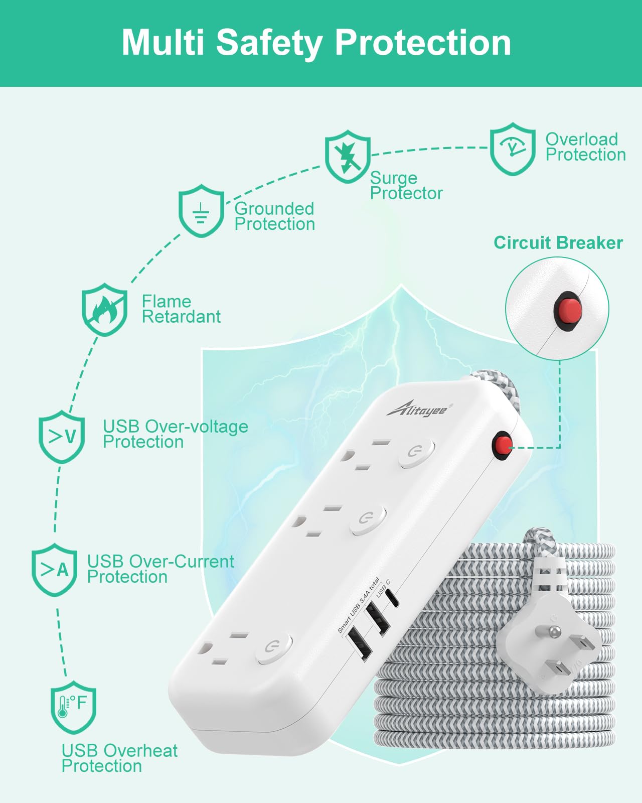 5, 15FT Surge Protector Power Strip with Individual Switches