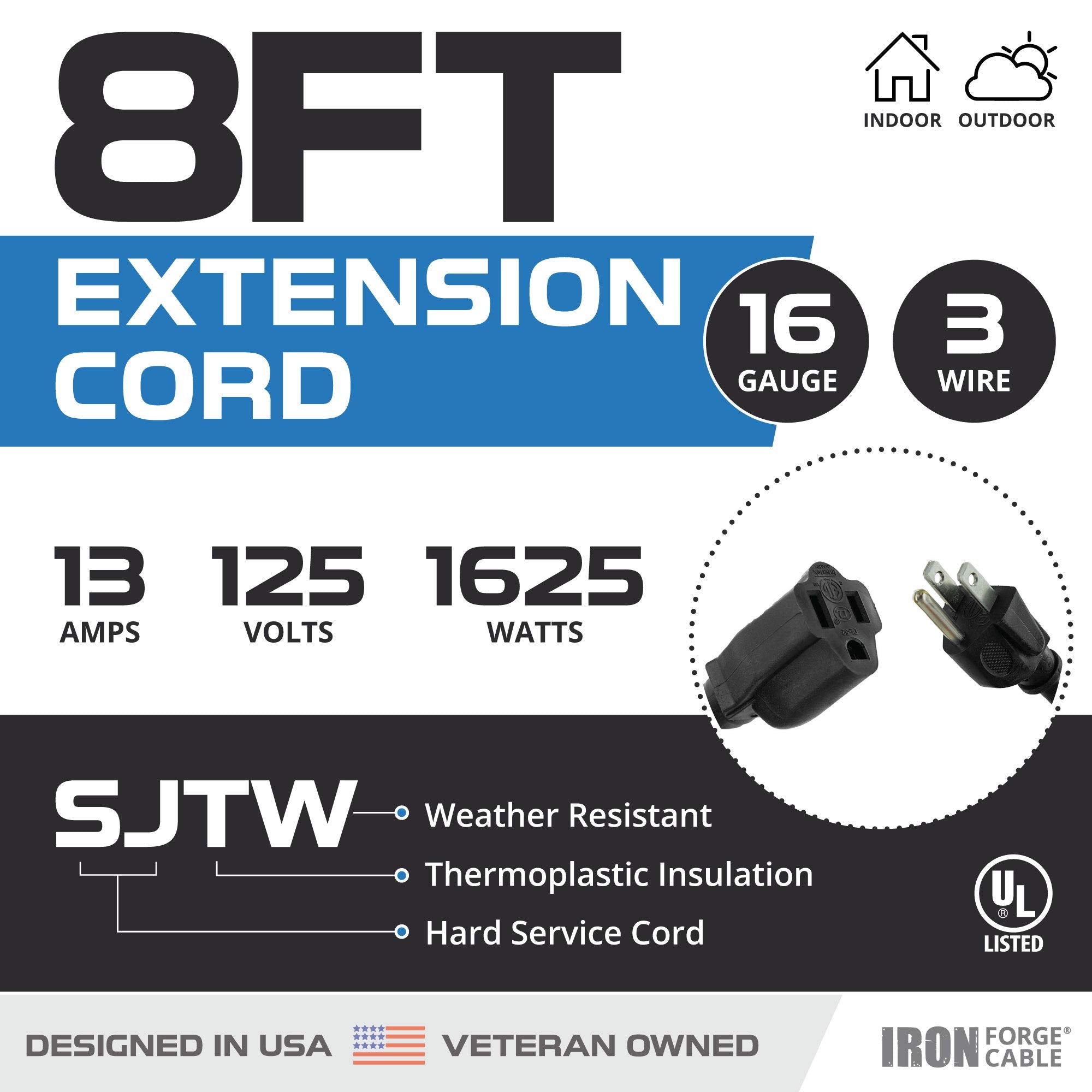 Weatherproof Outdoor Extension Cord, 16/3 SJTW Heavy Duty Black Extension Cord 3 Prong, 13 Amp Exterior Power Cable