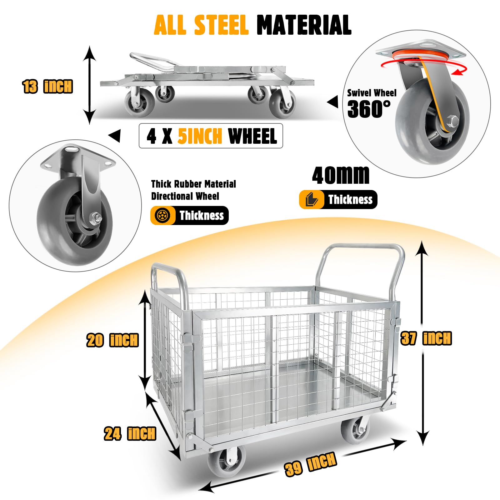 Platform Truck Cart with Cage 4-in-1 Push Cart Dolly Load 1800LBS W/Swivel Casters (39" x24")