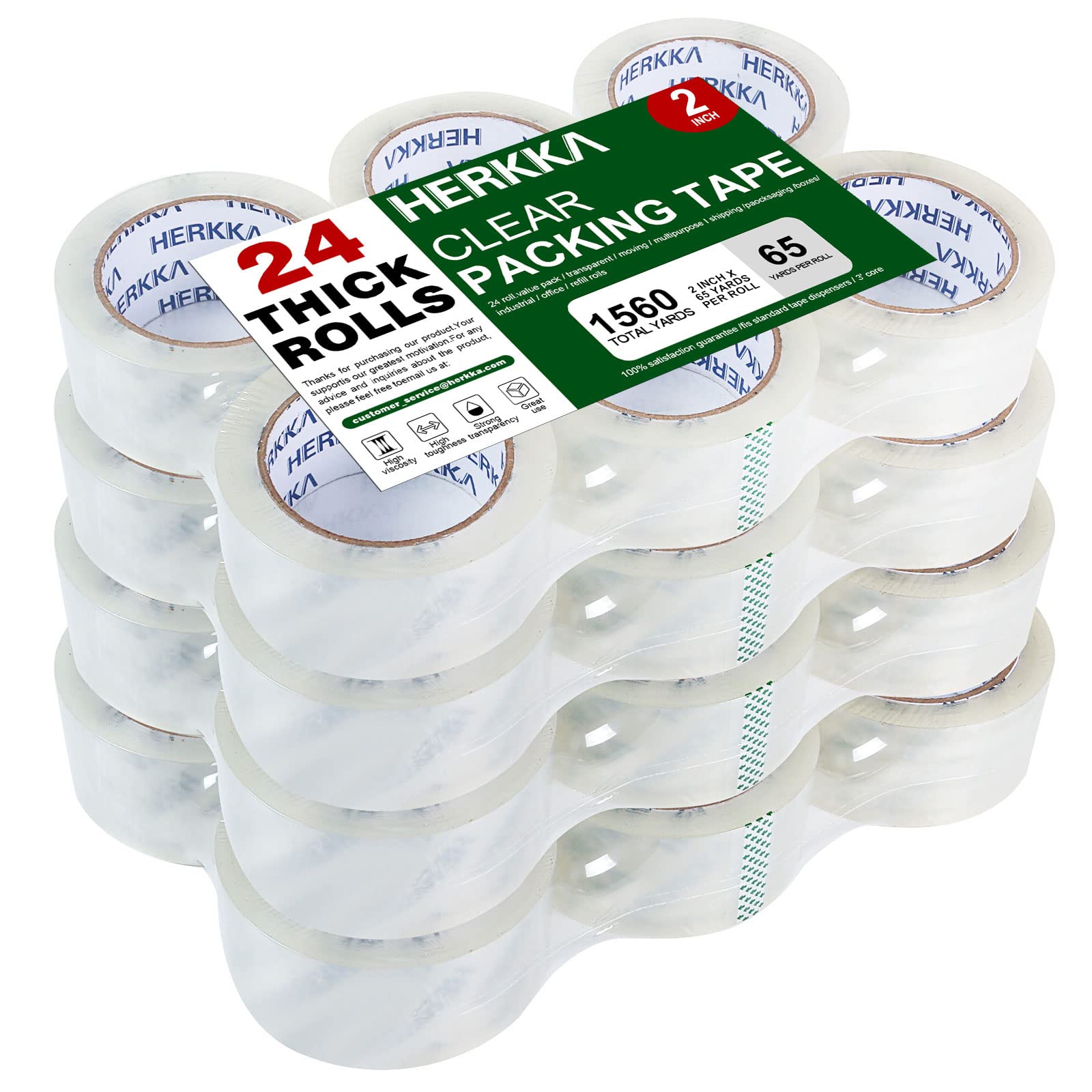 HERKKA Clear Packing Tape, 24 Rolls Heavy Duty Packaging Tape - 1.88 in & 2 in wide