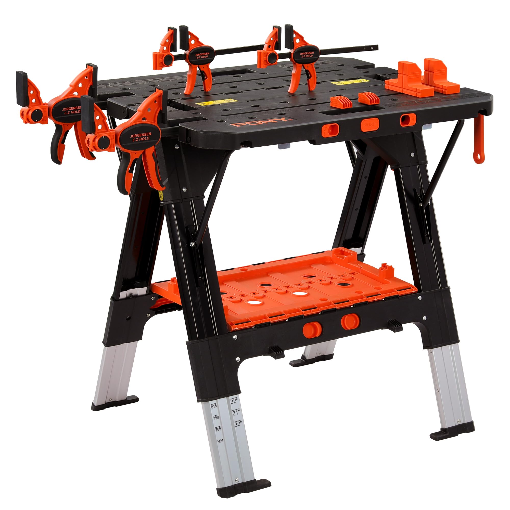 Portable Folding Work Table, 31” W×25” D×25”-32”H, with 4pcs Clamps, 4pcs Bench Dogs, 2pcs Safety Straps