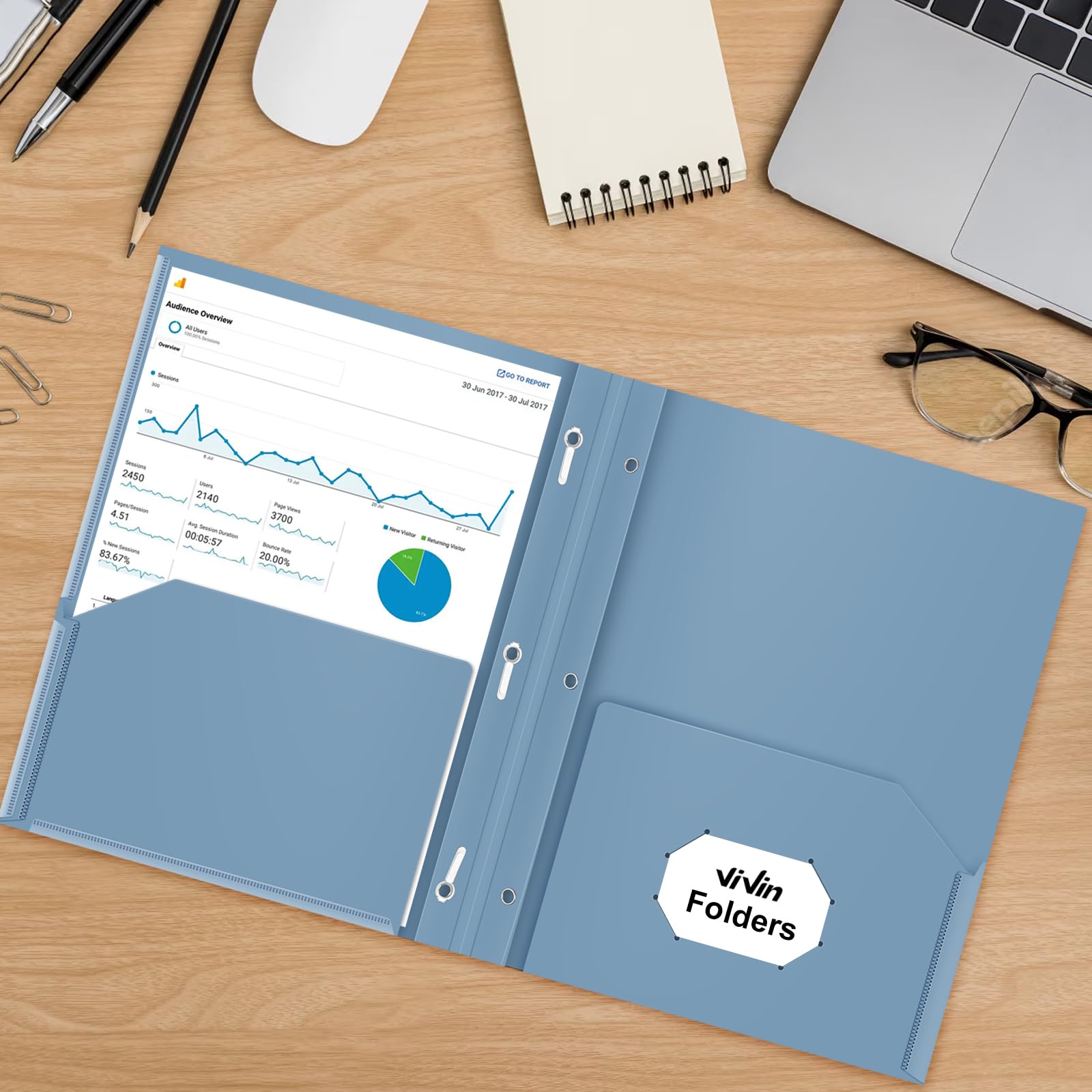 [6 & 60 Pack] ViVin Heavy Duty Folders with Clear Front Pocket, Plastic Folder with fastener