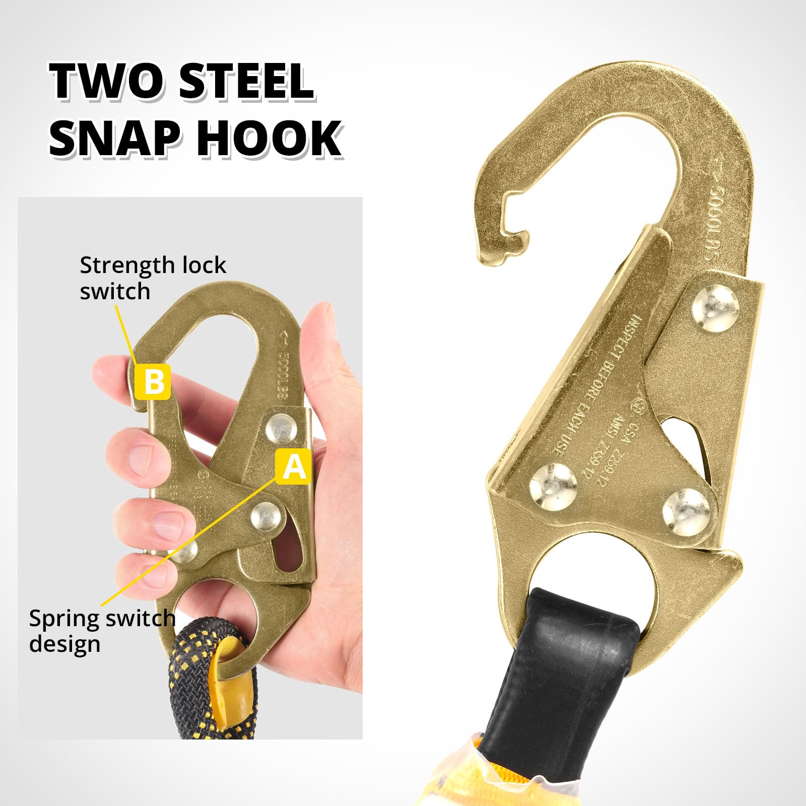 [25 / 50 / 100/ 150 FT] Rope Harness Safety Lanyard, Vertical Roofing Rope With Grab Snap Hooks, Shock Absorber