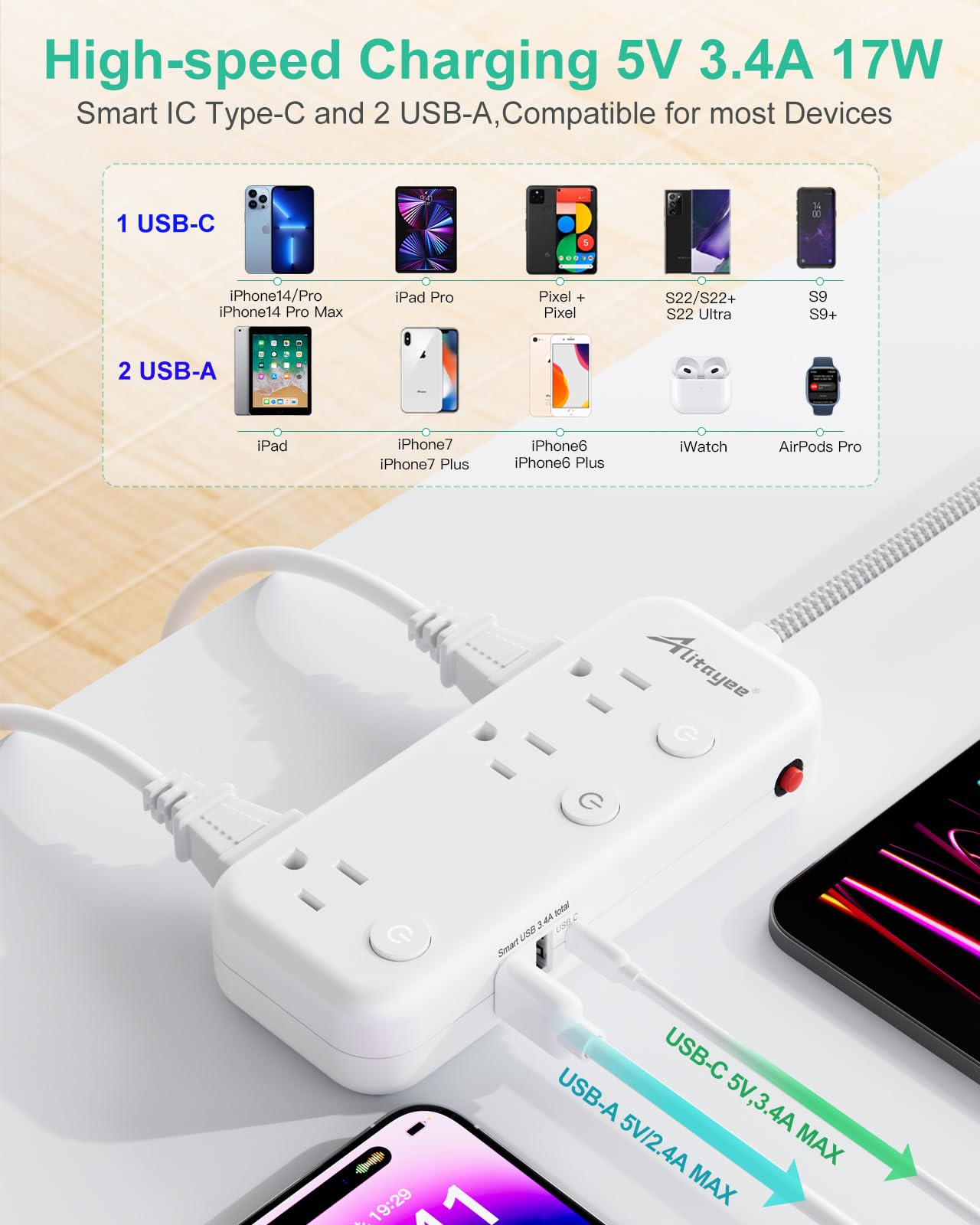 5, 15FT Surge Protector Power Strip with Individual Switches