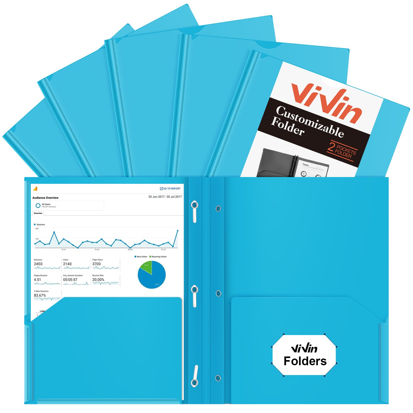 [6 & 60 Pack] ViVin Heavy Duty Folders with Clear Front Pocket, Plastic Folder with fastener