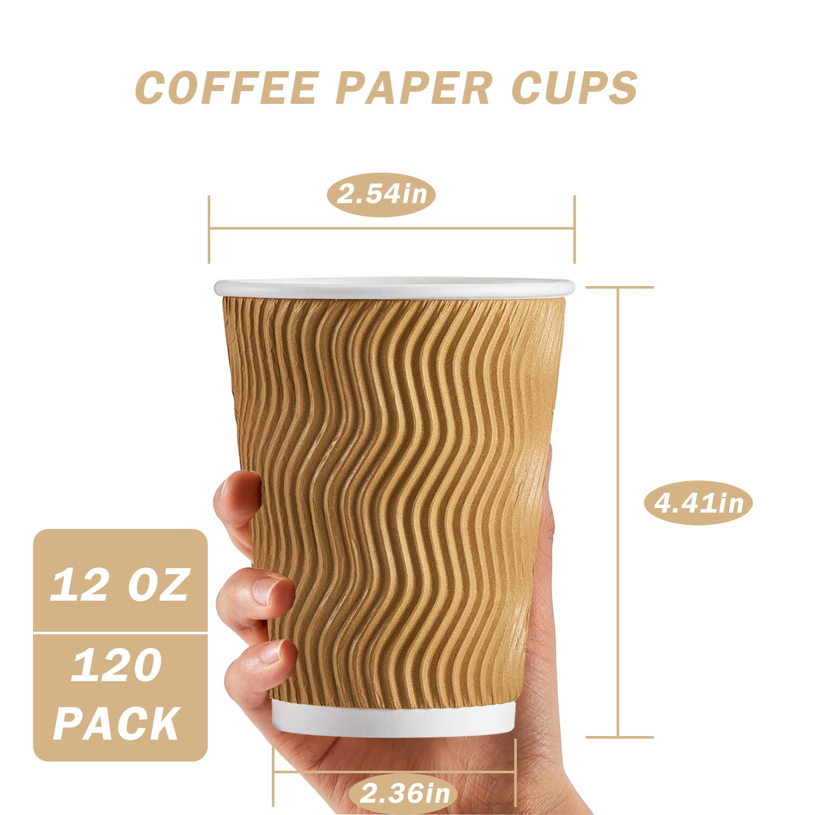[120 PCS] Disposable Corrugated Insulated Ripple Wall Paper Cups, 12 & 16 oz