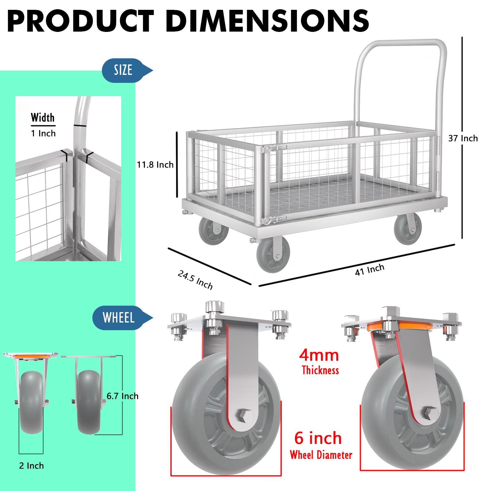 Platform Truck Cart with Cage 4-in-1 Push Cart Dolly Load 1800LBS W/Swivel Casters (39" x24")