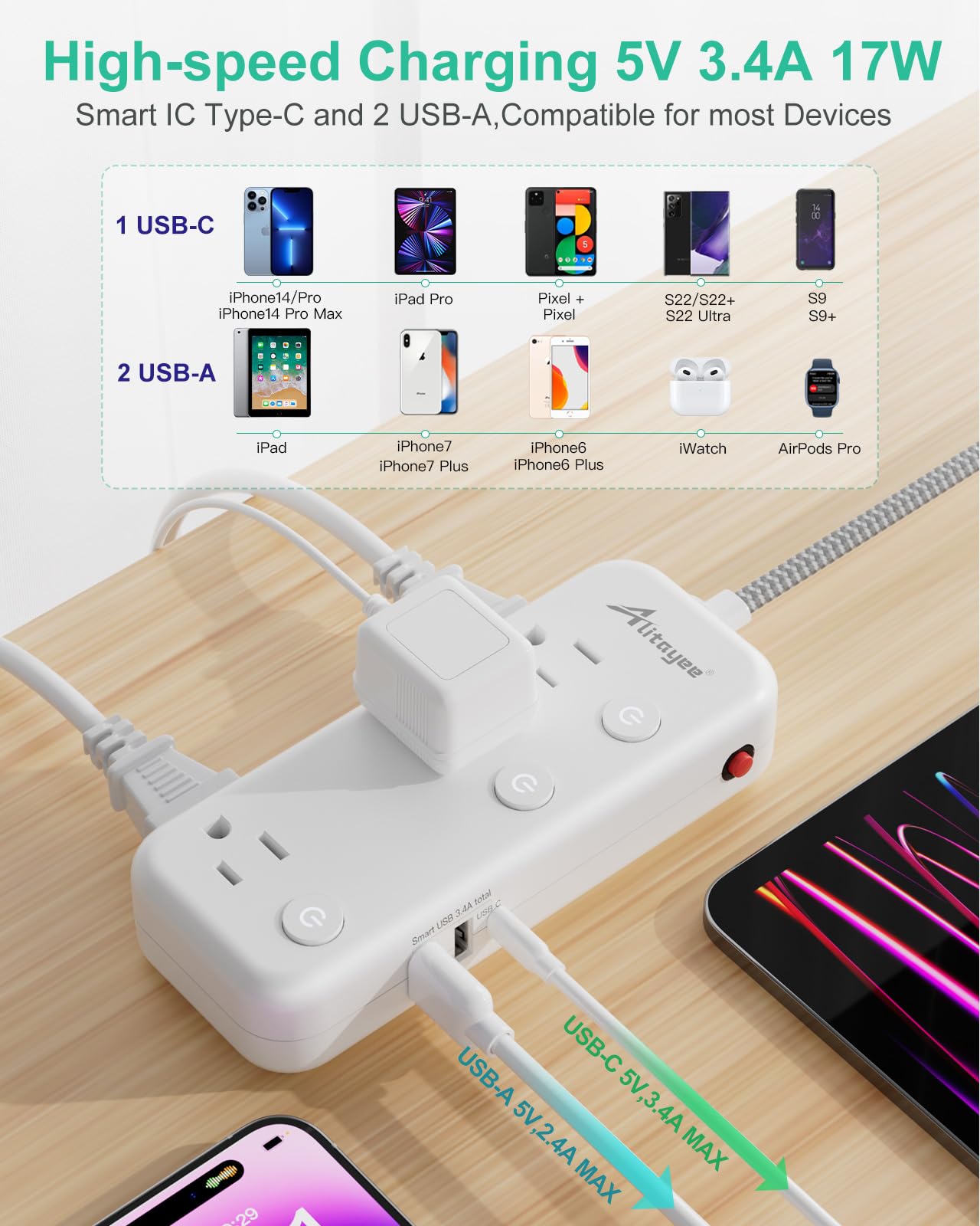5, 15FT Surge Protector Power Strip with Individual Switches
