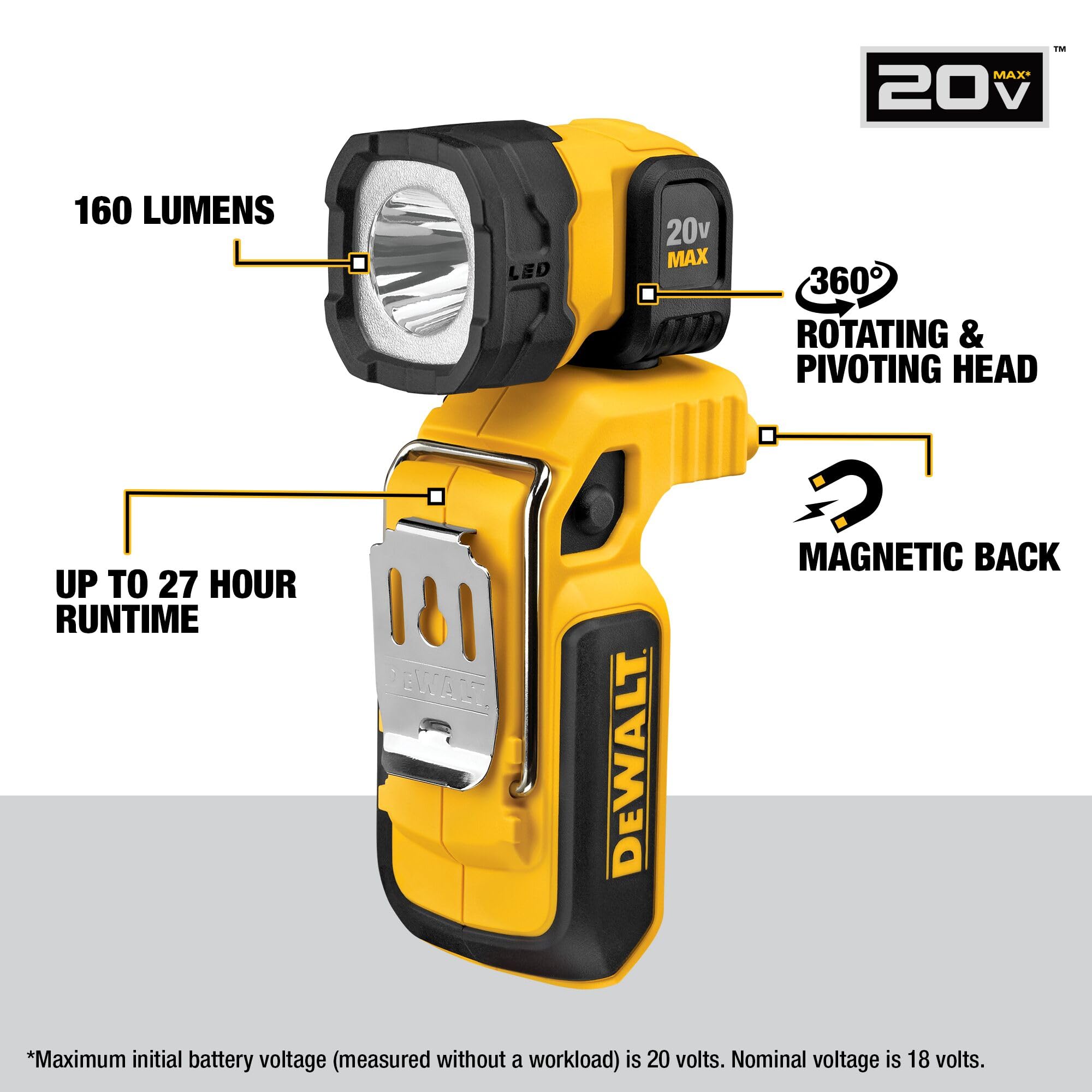 DEWALT 20V MAX LED Work Light, Magnetic, Freestanding and Clip-On, Bare Tool Only (DCL044)