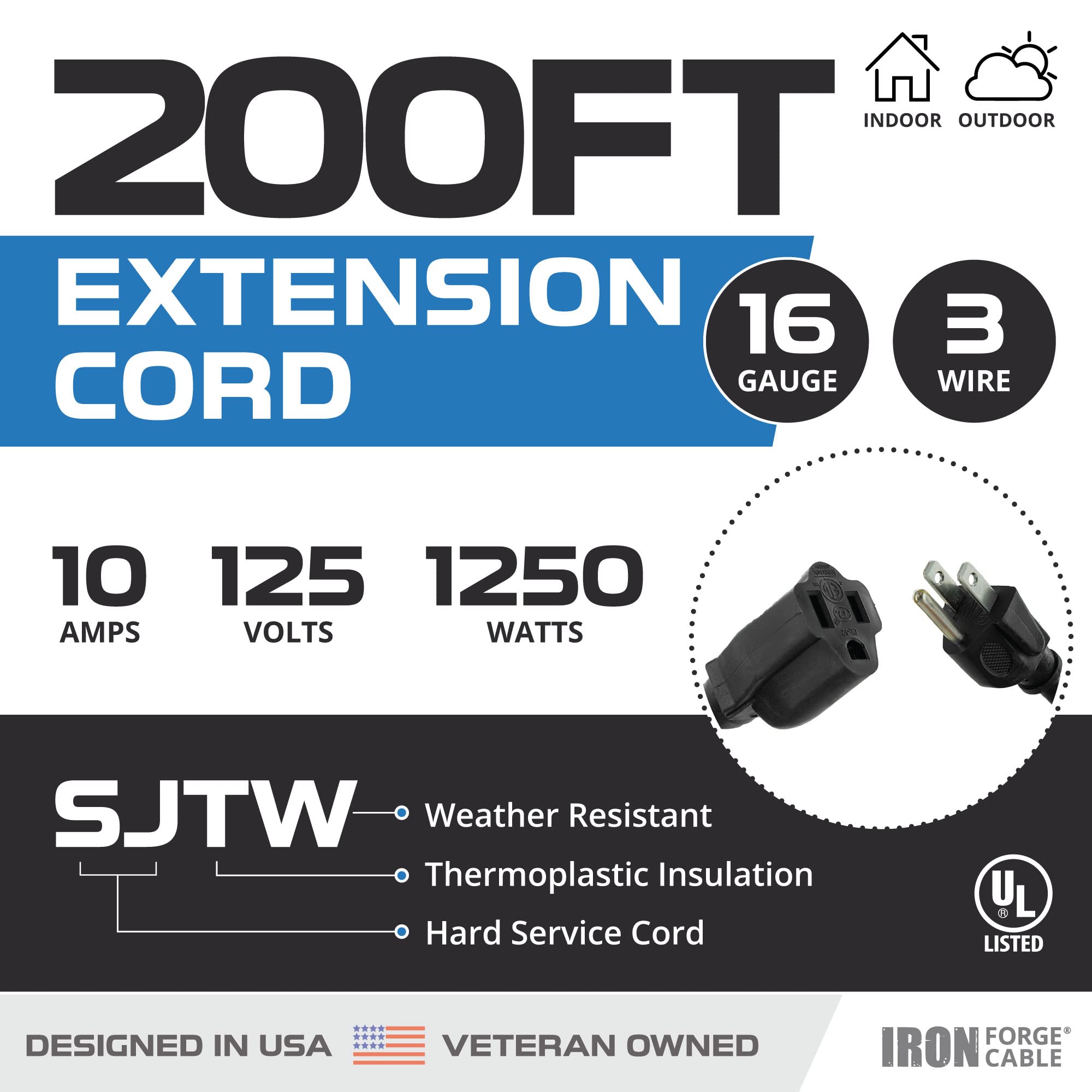 Weatherproof Outdoor Extension Cord, 16/3 SJTW Heavy Duty Black Extension Cord 3 Prong, 13 Amp Exterior Power Cable