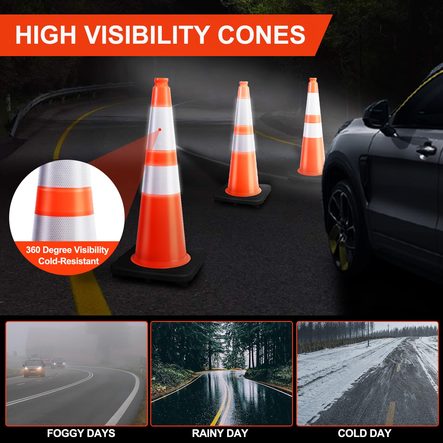 [5 / 8 Packs] PVC Traffic Cones, Black Base Construction Safety Cones