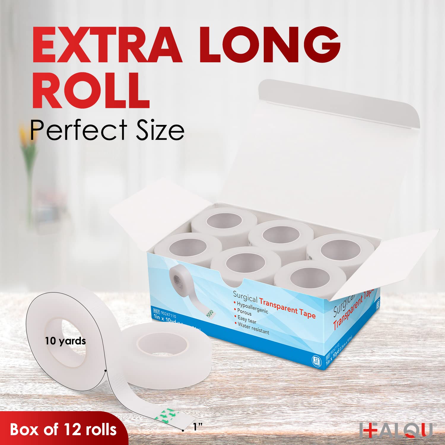 Transparent Medical Tape - Box of 12 Rolls, 1" x 10yd Surgical Tape