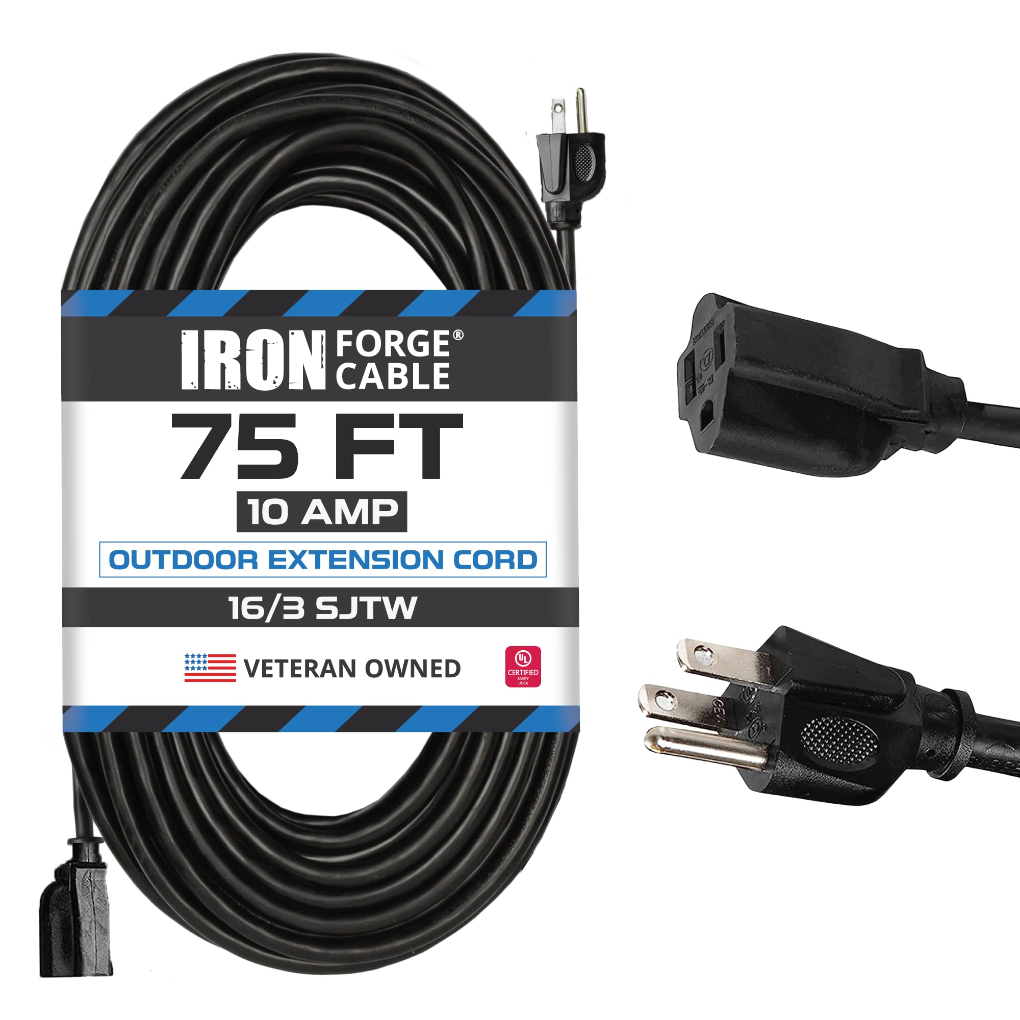 Weatherproof Outdoor Extension Cord, 16/3 SJTW Heavy Duty Black Extension Cord 3 Prong, 13 Amp Exterior Power Cable