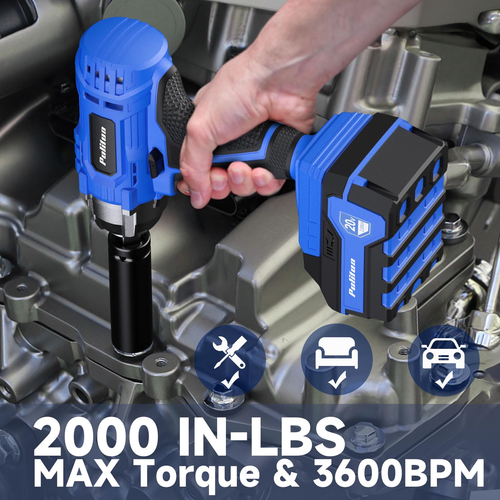 PULITUO Cordless Impact Wrench 1/2 Inch, 20V Electric Power Impact Gun Lightweight Design