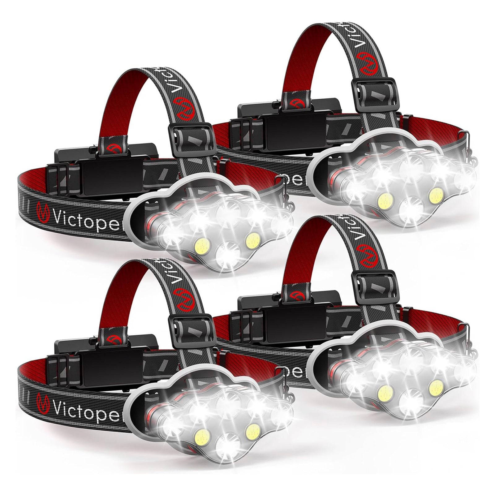 [1 / 2 / 4 Packs] Rechargeable Headlamp, 8 LED 18000 High Lumen Bright Head Lamp with Red Light