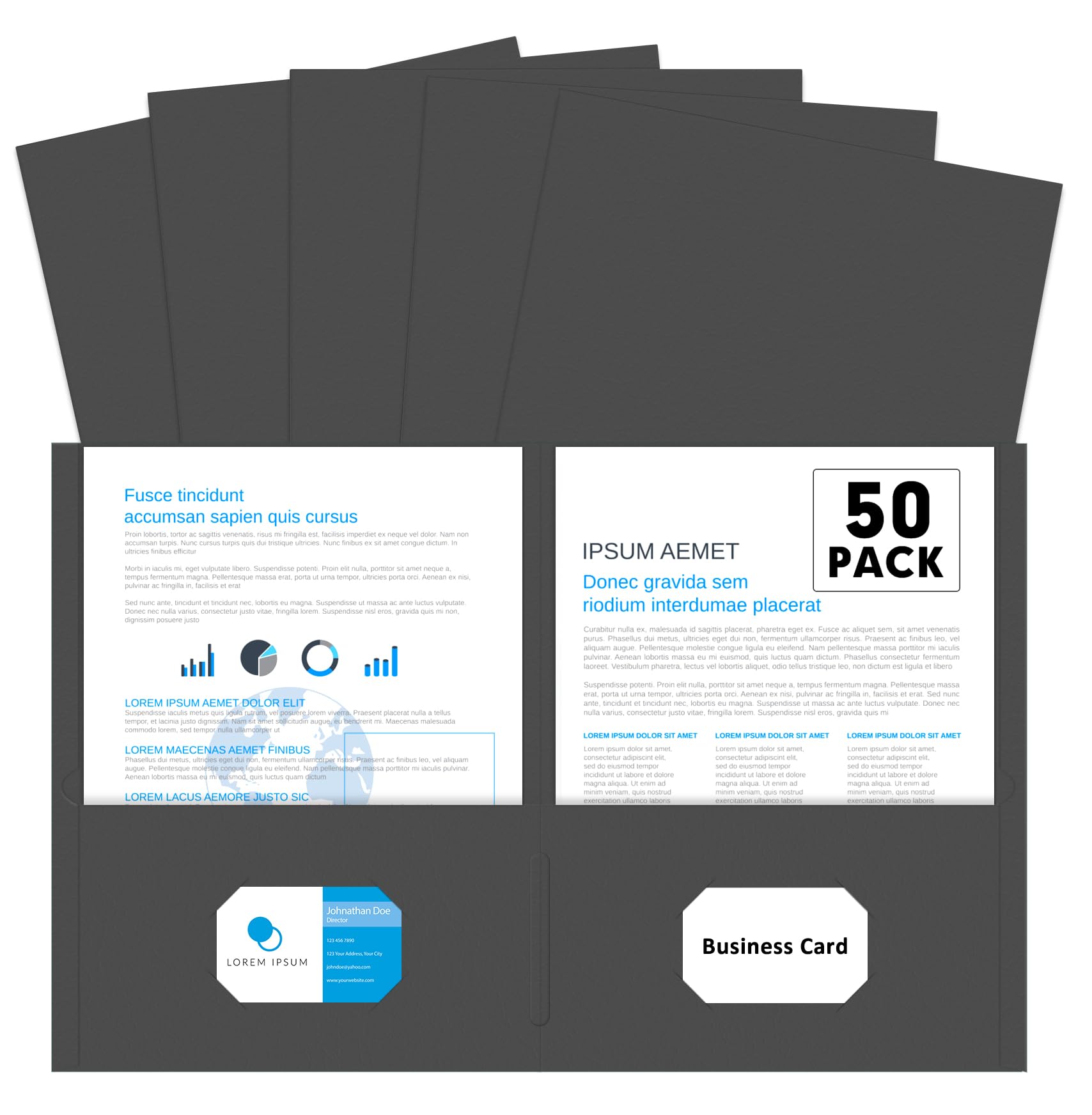 [50 Pack] Two Pocket Folders, Letter Size Paper File Folder, Black