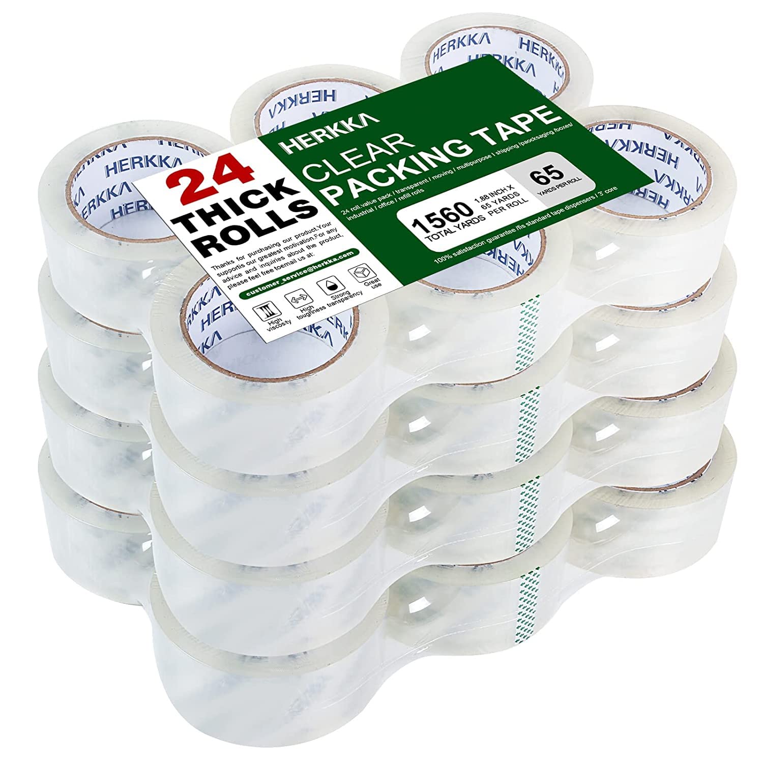 HERKKA Clear Packing Tape, 24 Rolls Heavy Duty Packaging Tape - 1.88 in & 2 in wide