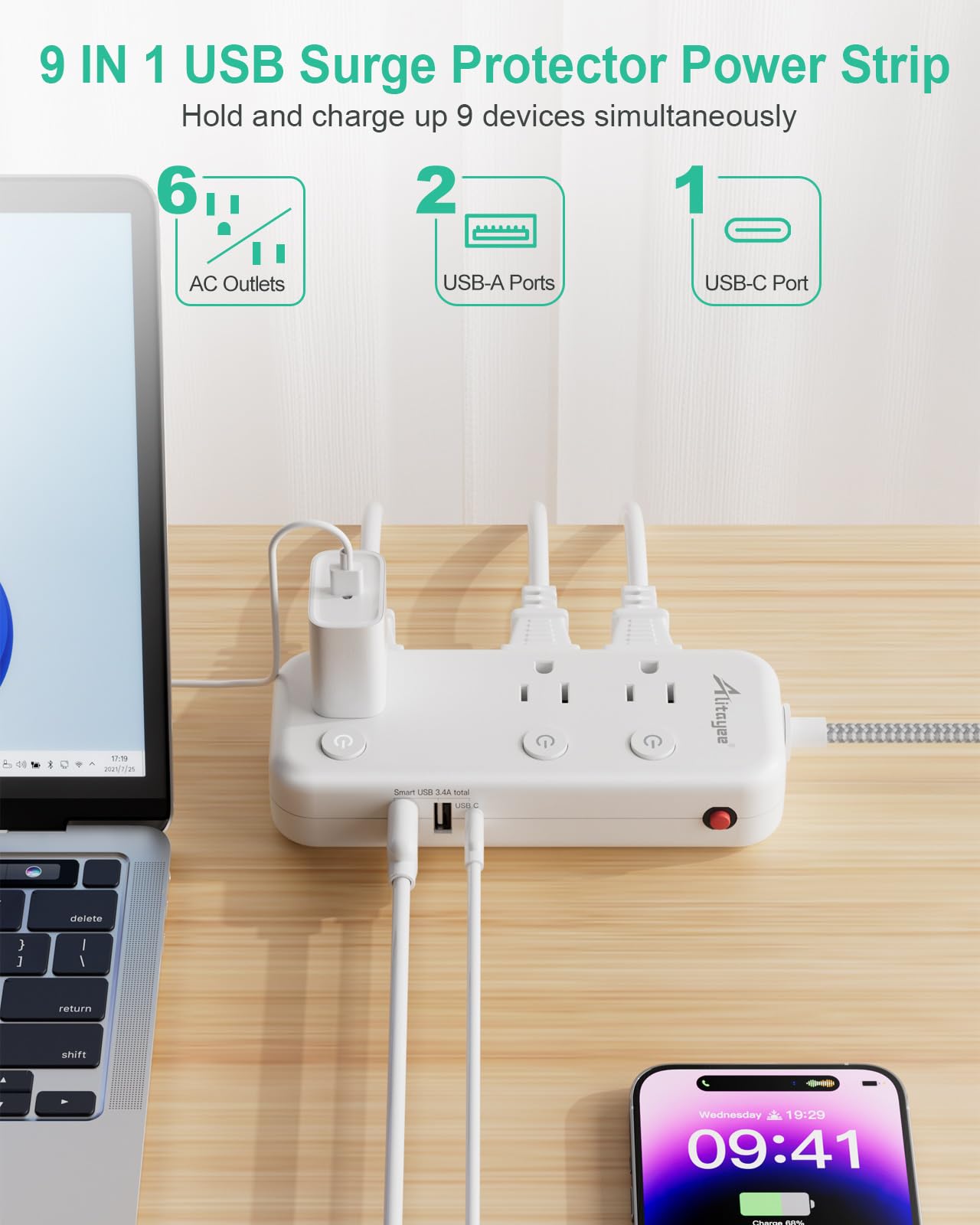 5, 15FT Surge Protector Power Strip with Individual Switches