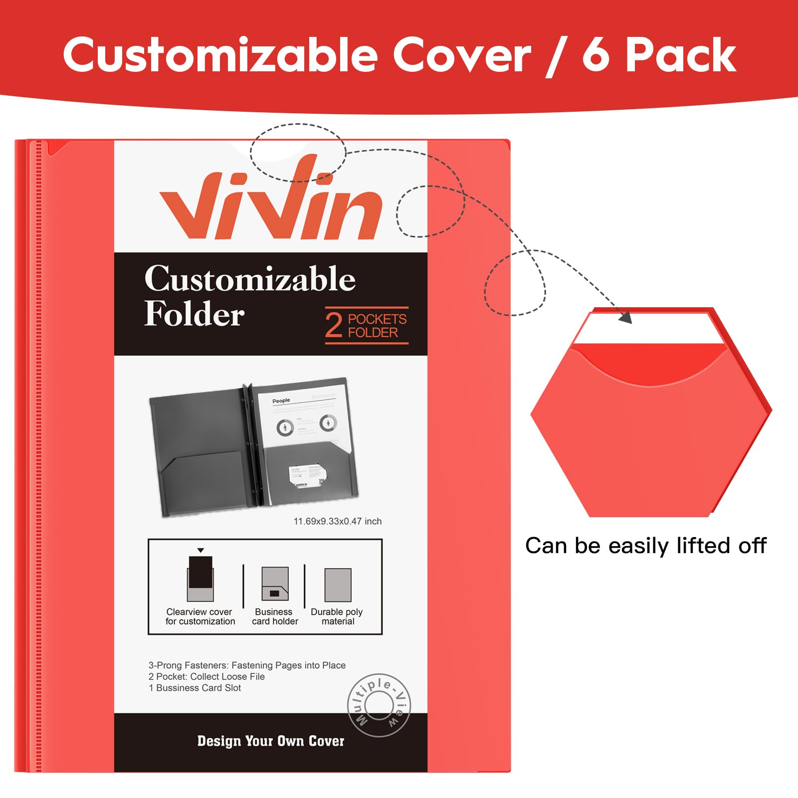 [6 & 60 Pack] ViVin Heavy Duty Folders with Clear Front Pocket, Plastic Folder with fastener