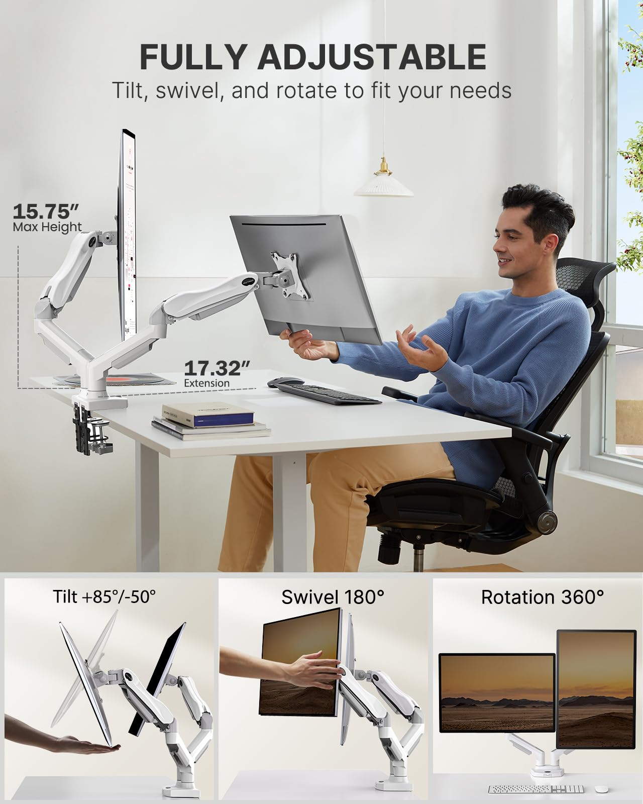 [1 PC] Full Adjustable Dual Monitor Stand with VESA Bracket and C Clamp