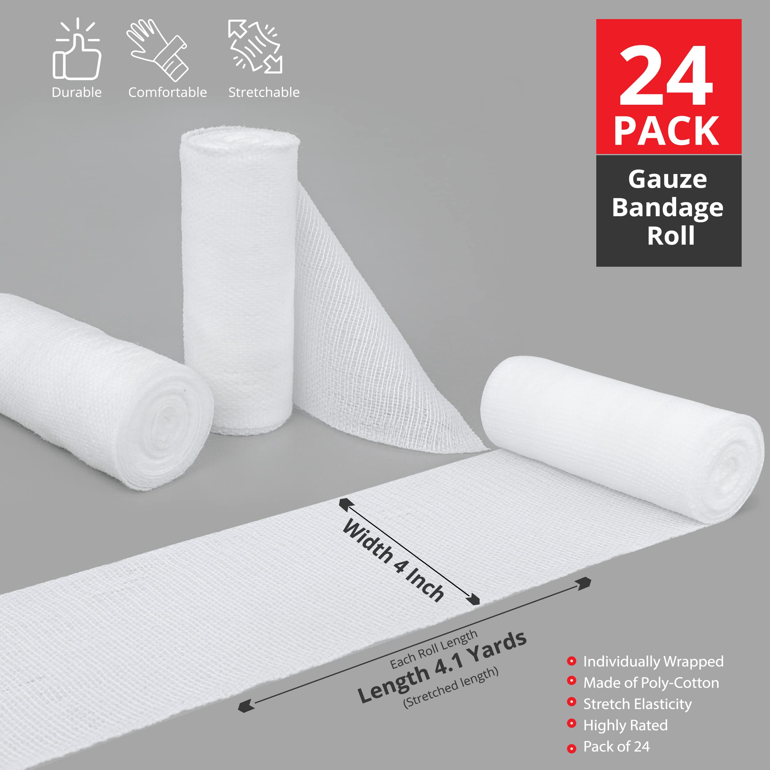 [24 Pack] Premium Gauze Rolls - 4" x 4.1 Yards Individually Wrapped, First Aid conforming bandages + Bonus Medical Tape