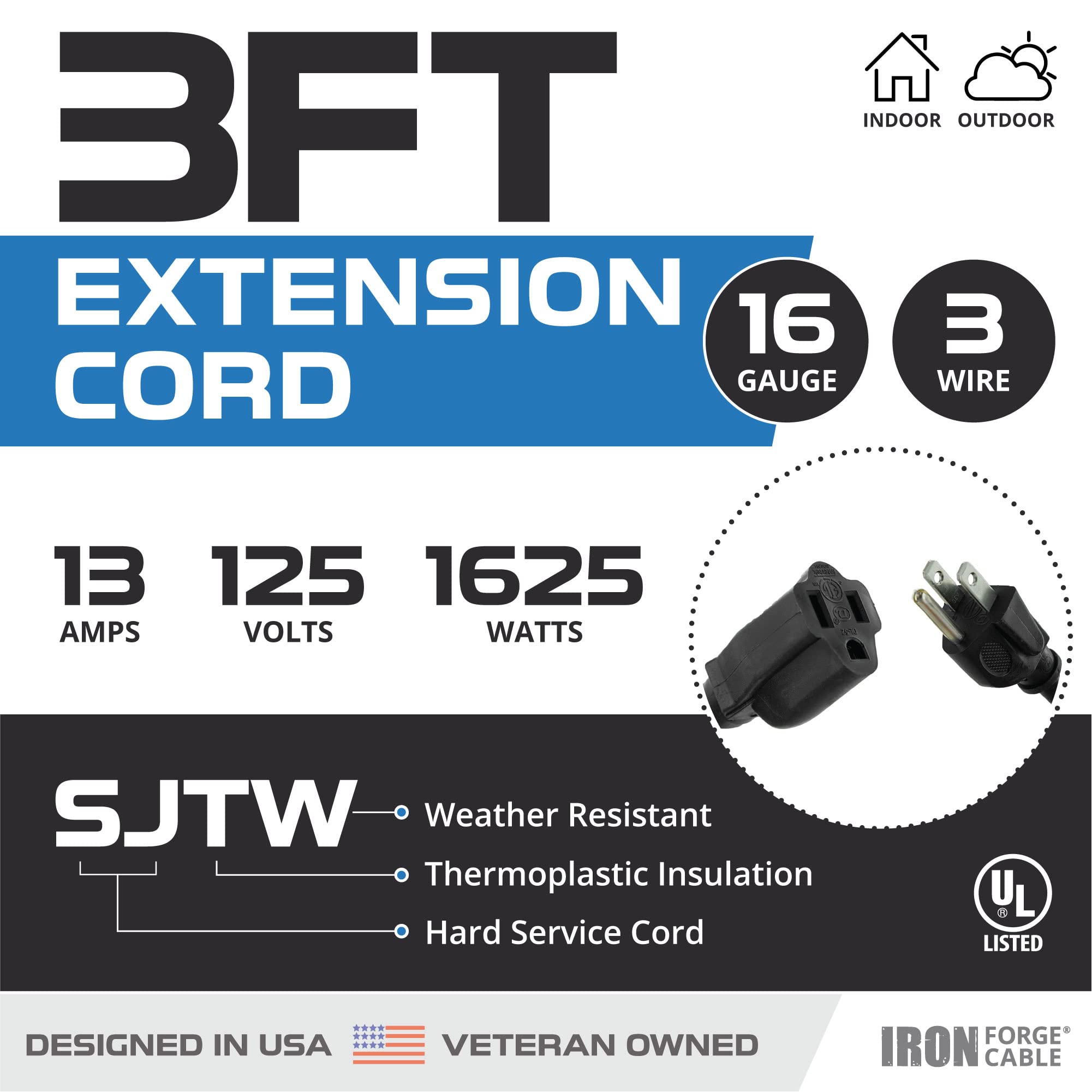 Weatherproof Outdoor Extension Cord, 16/3 SJTW Heavy Duty Black Extension Cord 3 Prong, 13 Amp Exterior Power Cable