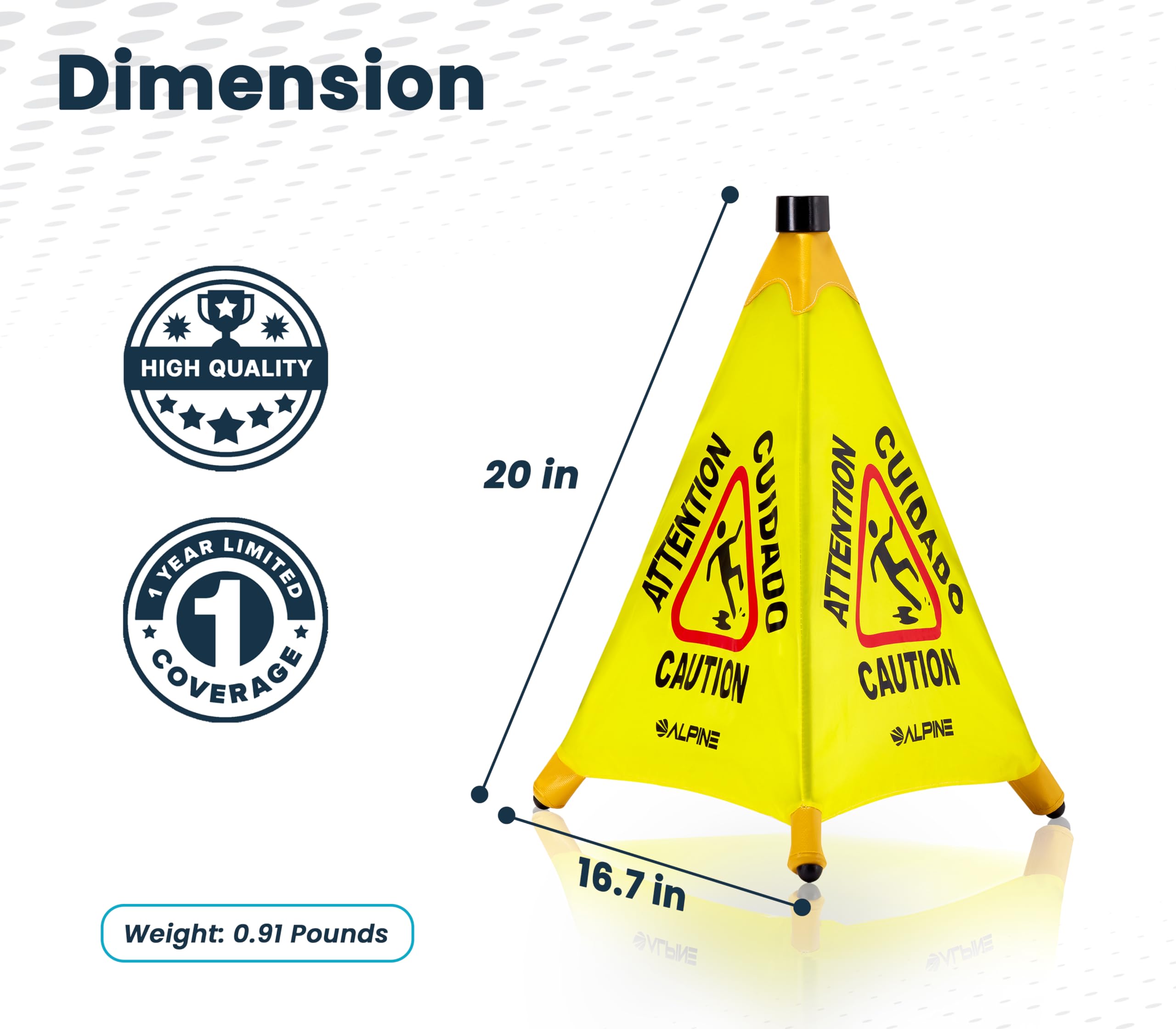 Pop-Up Wet Floor Sign - Portable Three Sided Caution Cone - 20/30 inches