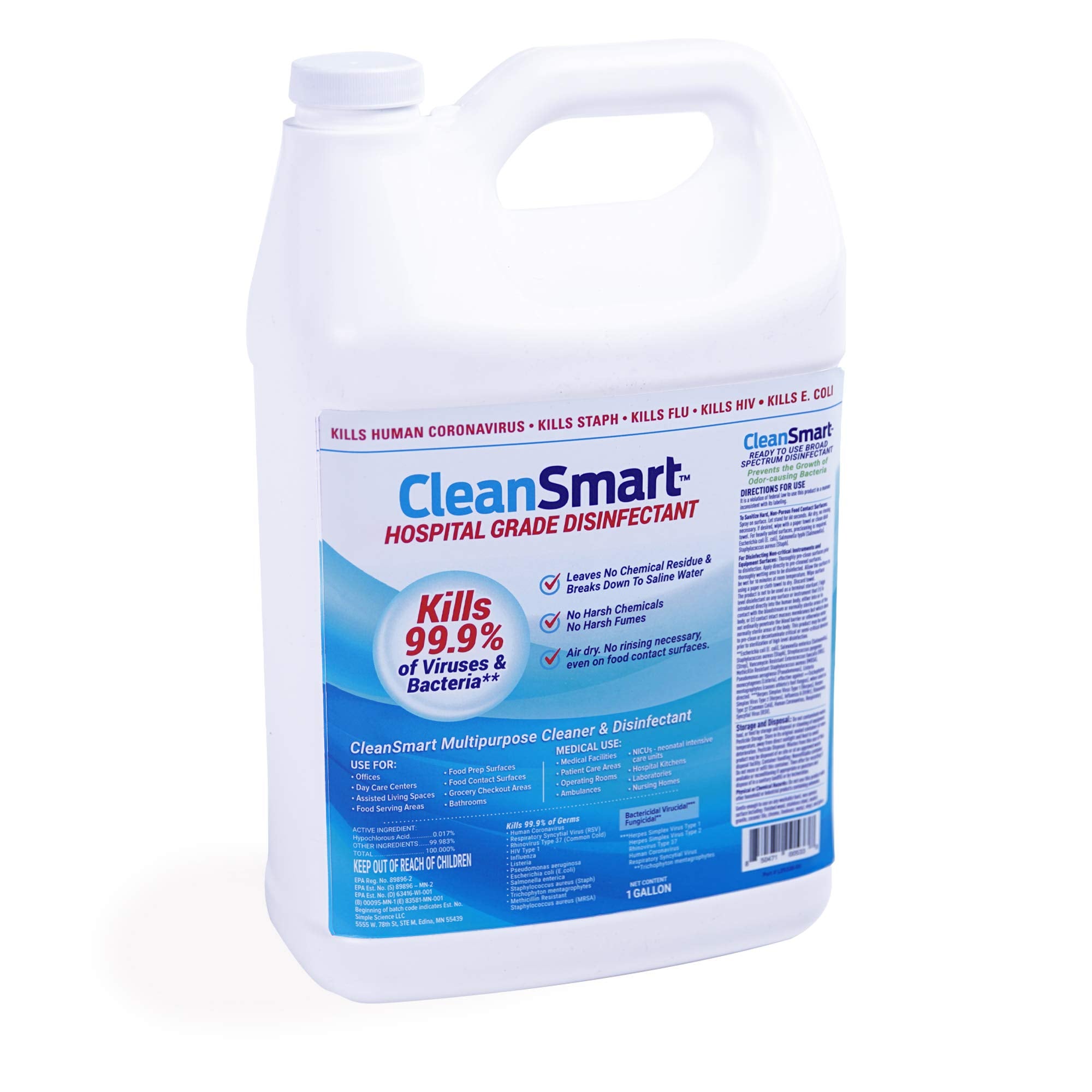 CleanSmart Disinfectant, Kills 99.9% of Viruses and Bacteria, EPA Registered, 1 Gallon (HOCL) - 1 & 4 Pack