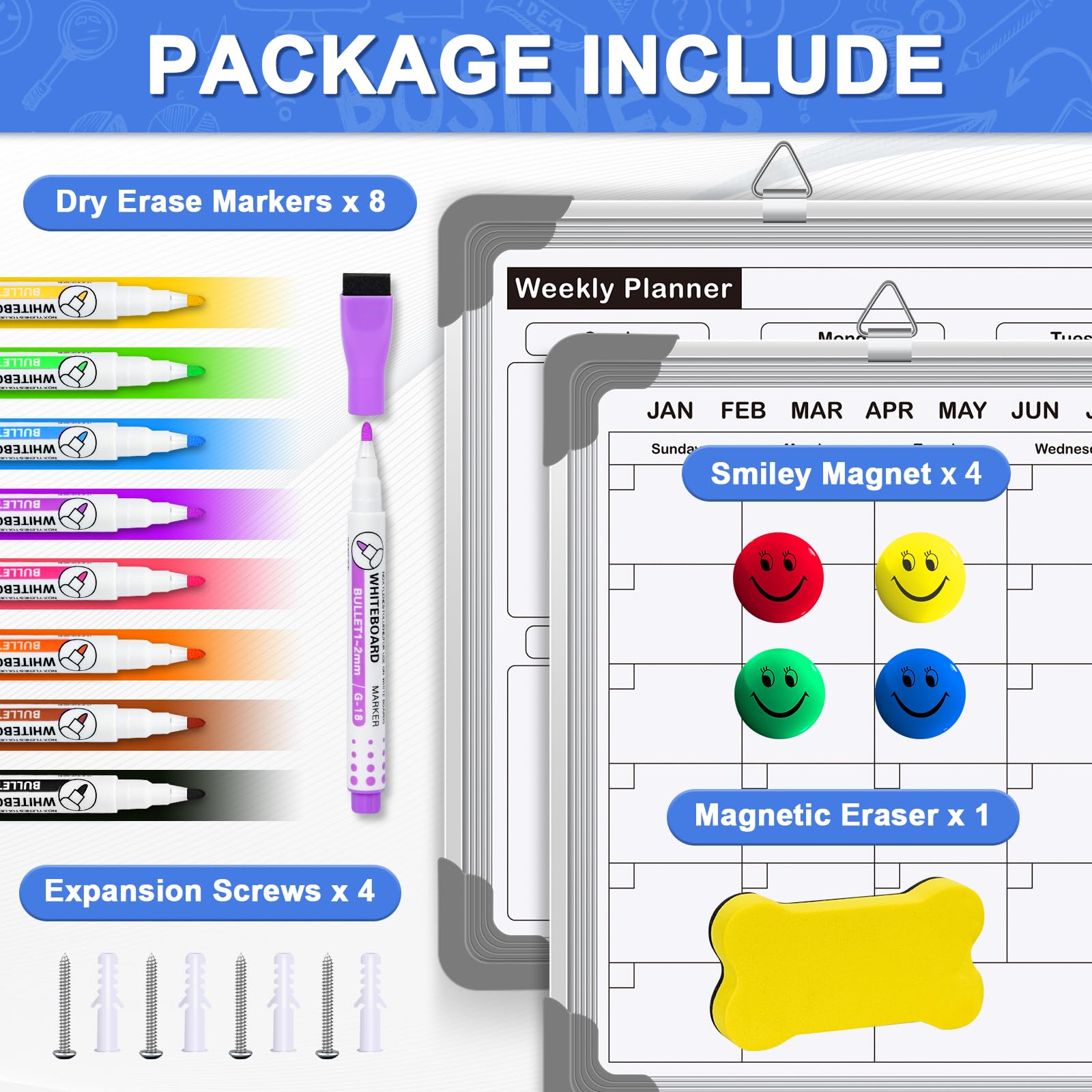 [1 Set] 2 Double-Sided Whiteboards - Monthly & Weekly Planner, 16" x 12"