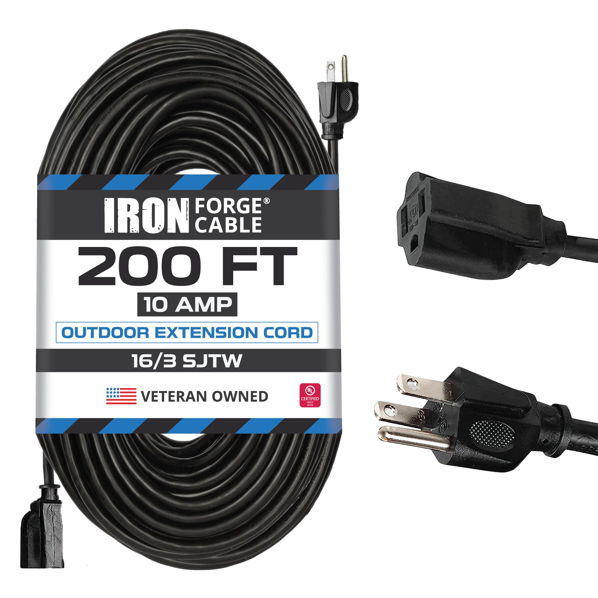 Weatherproof Outdoor Extension Cord, 16/3 SJTW Heavy Duty Black Extension Cord 3 Prong, 13 Amp Exterior Power Cable